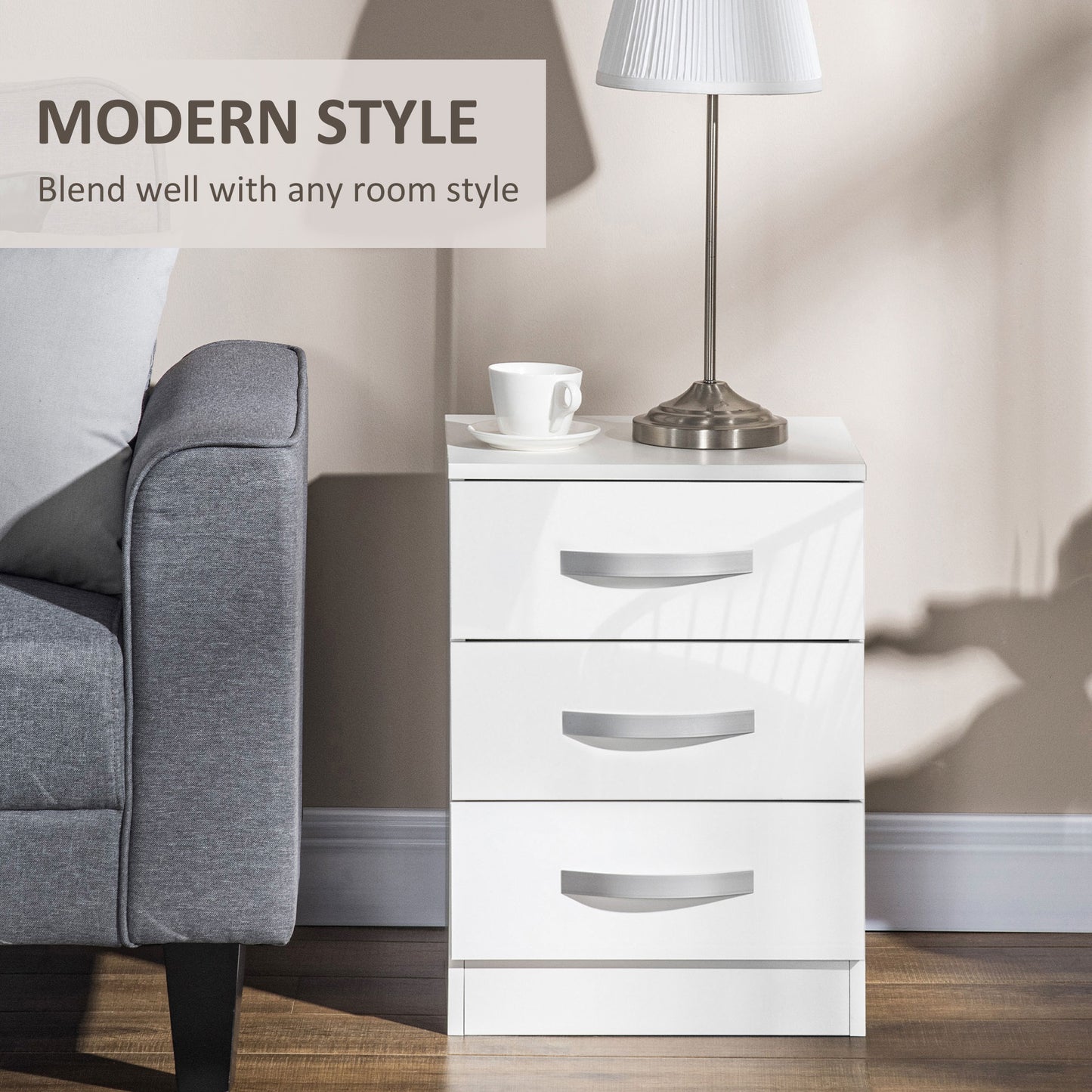 Modern High Gloss Nightstands with 3 Drawers, White (Set of 2)