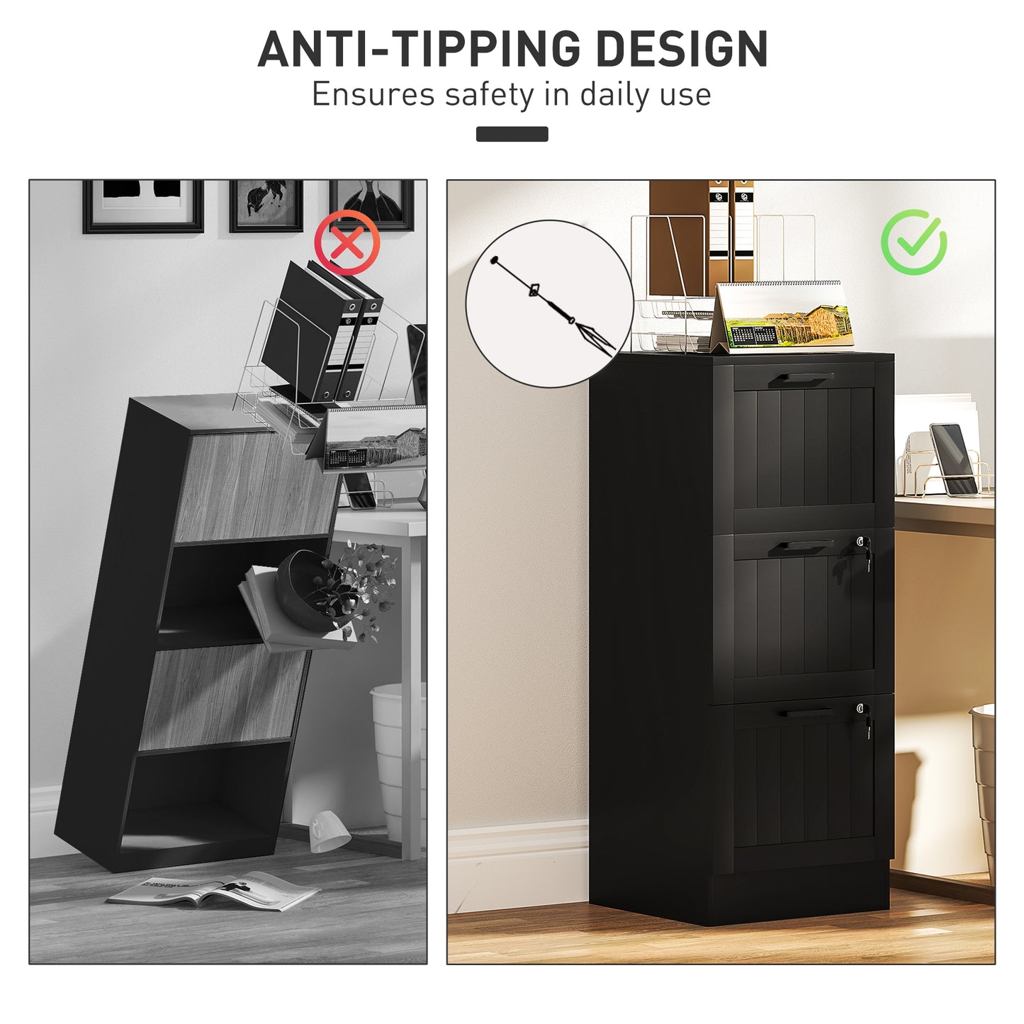 3-Drawer Locking File Cabinet with Adjustable Hanging Bars