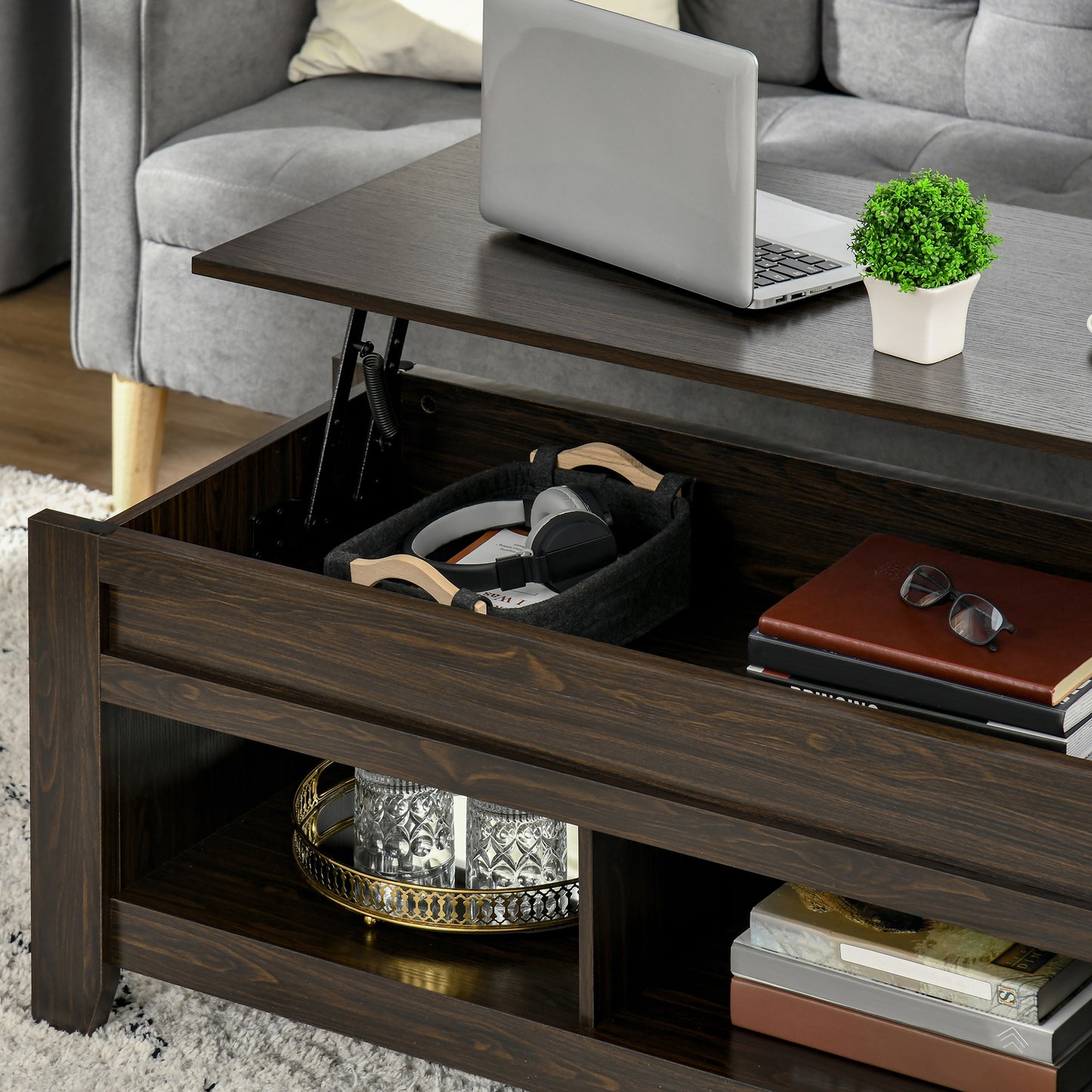 Lift Top Coffee Table with Hidden Storage, Dark Walnut