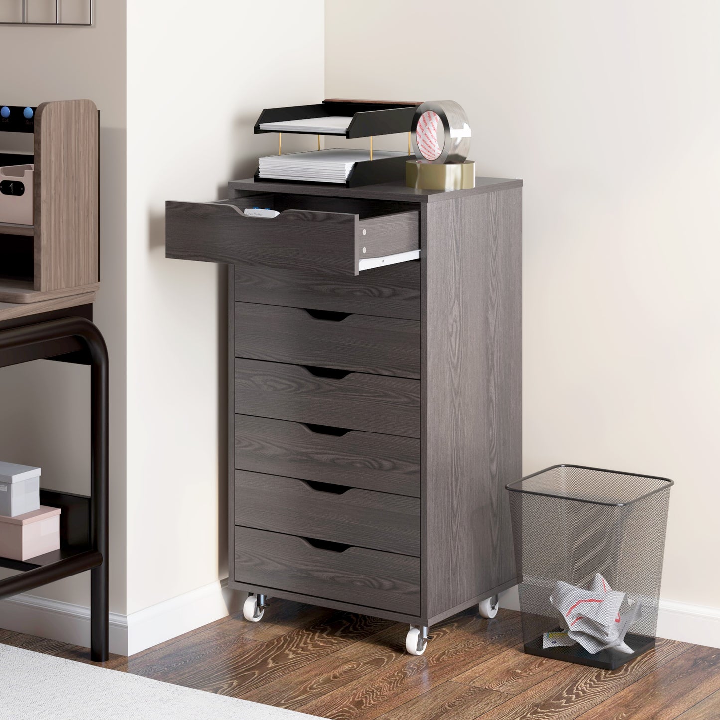 7-Drawer Mobile Storage Cabinet for Home Office - Grey Wood Grain