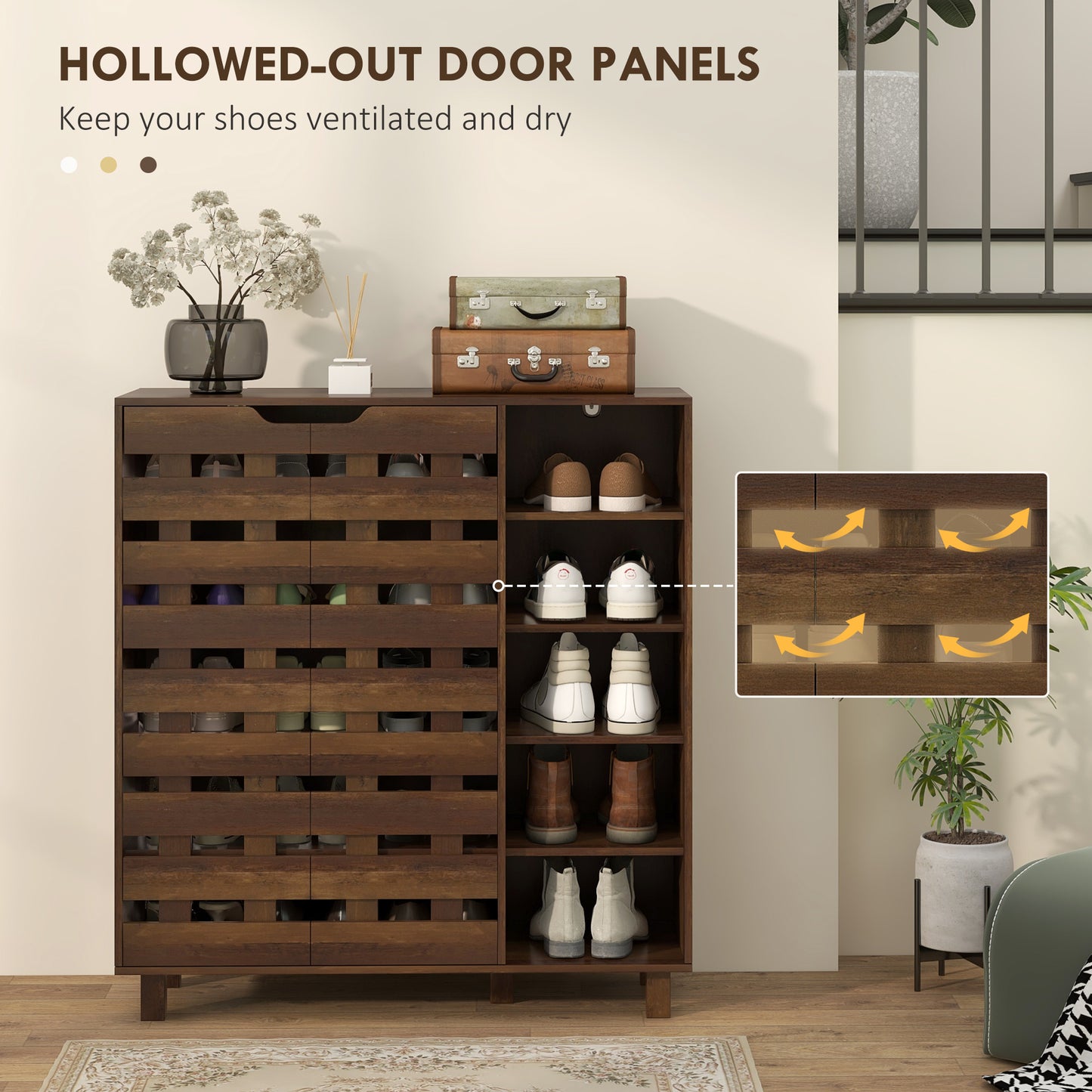 21 Pair Shoe Storage Cabinet with Double Doors and Open Shelves, Brown