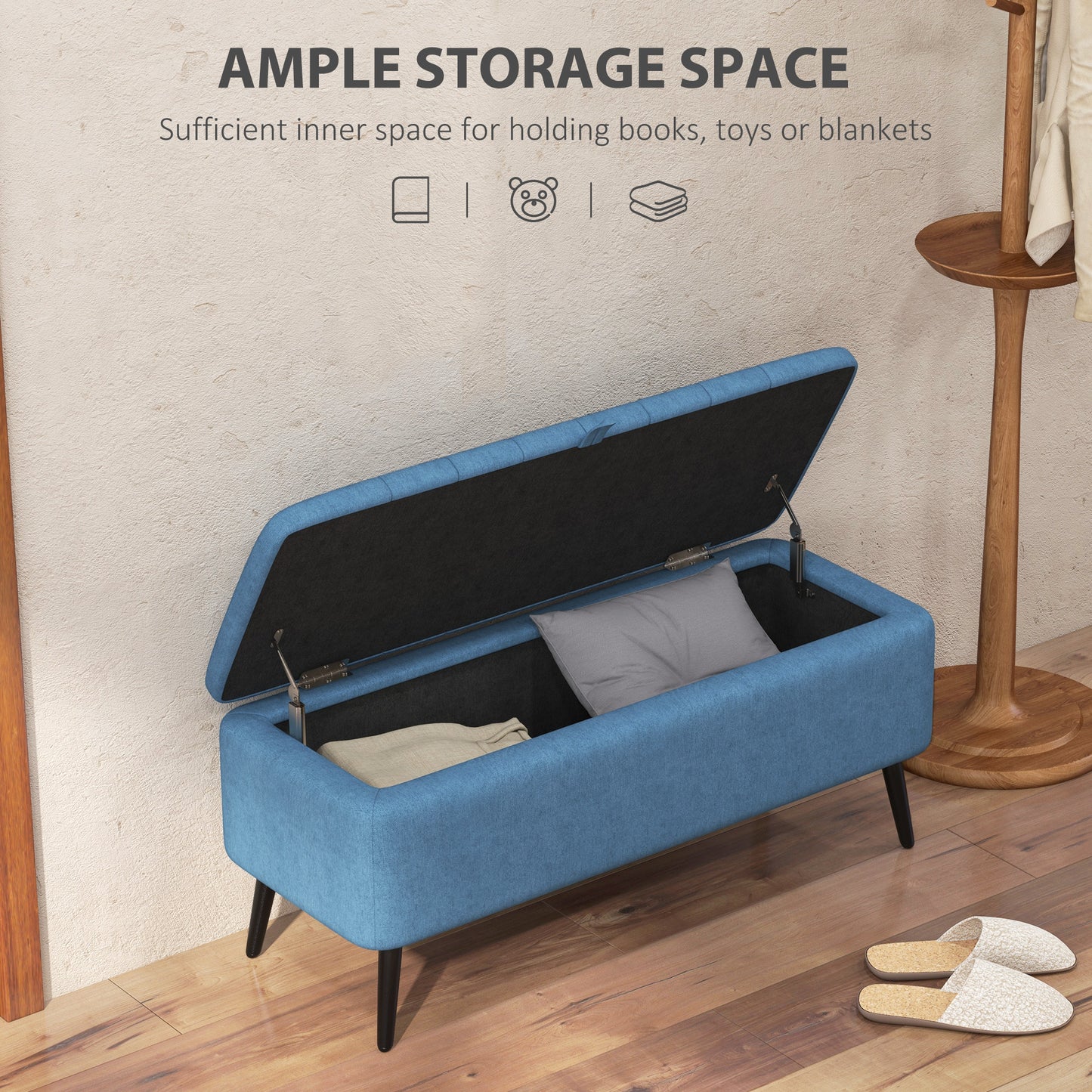 40" Linen Storage Ottoman Bench with Steel Legs, Dark Blue