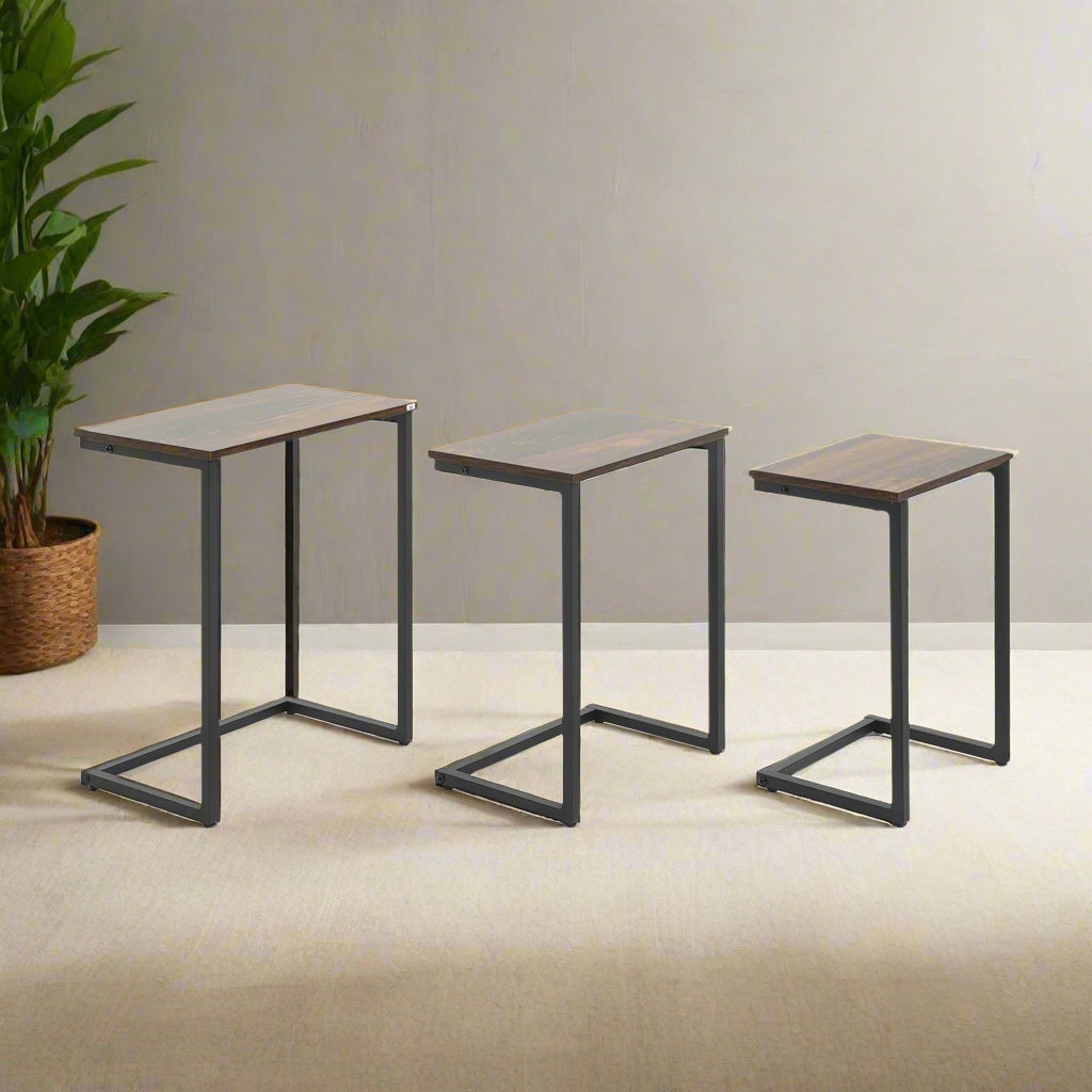 C-Shaped Nesting Side Table Set of 3 with Steel Frame - Vintage Brown