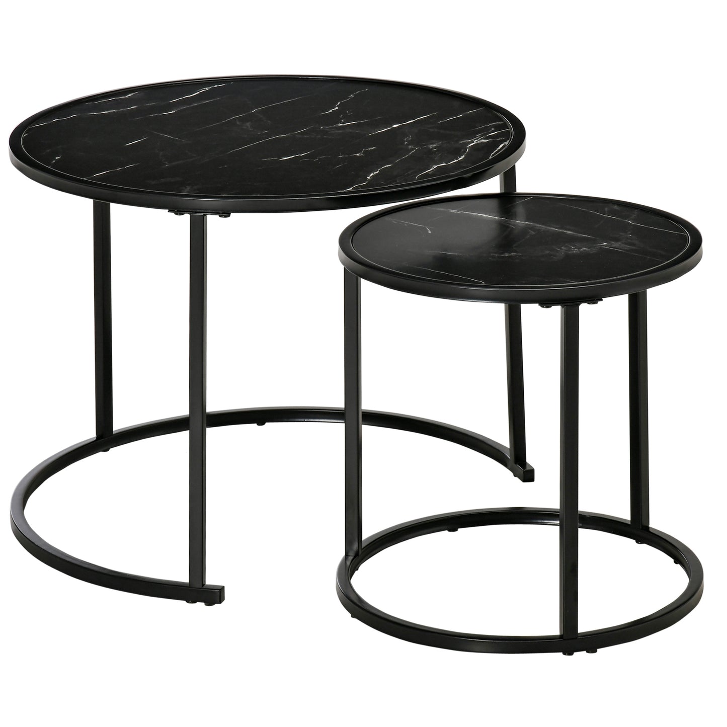 Black Round Nesting Coffee Tables with Faux Marble Top