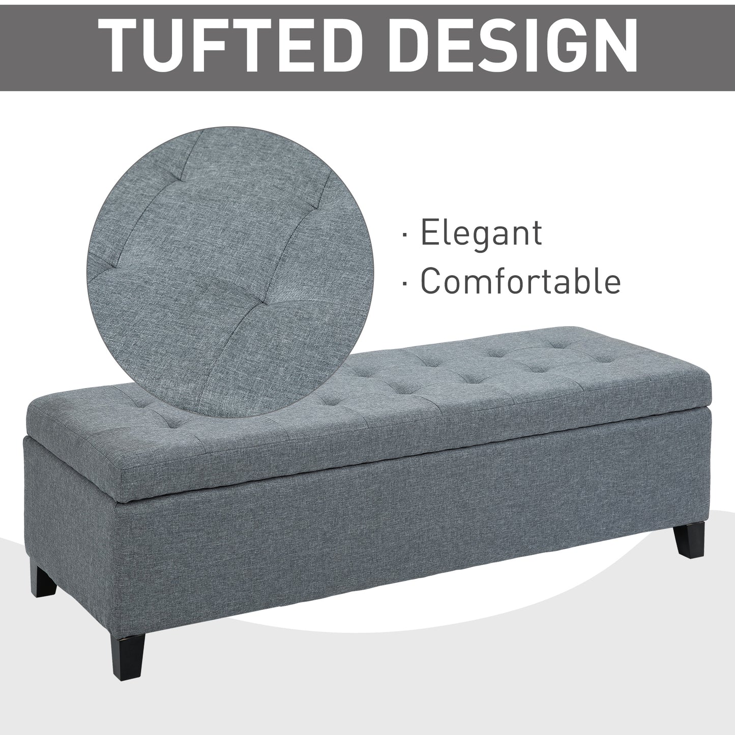 Rectangular Tufted Storage Bench with Wood Feet, Gray