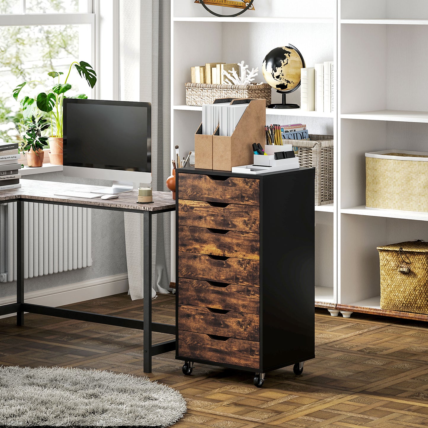 7-Drawer Mobile Storage Cabinet for Home Office - Rustic Brown