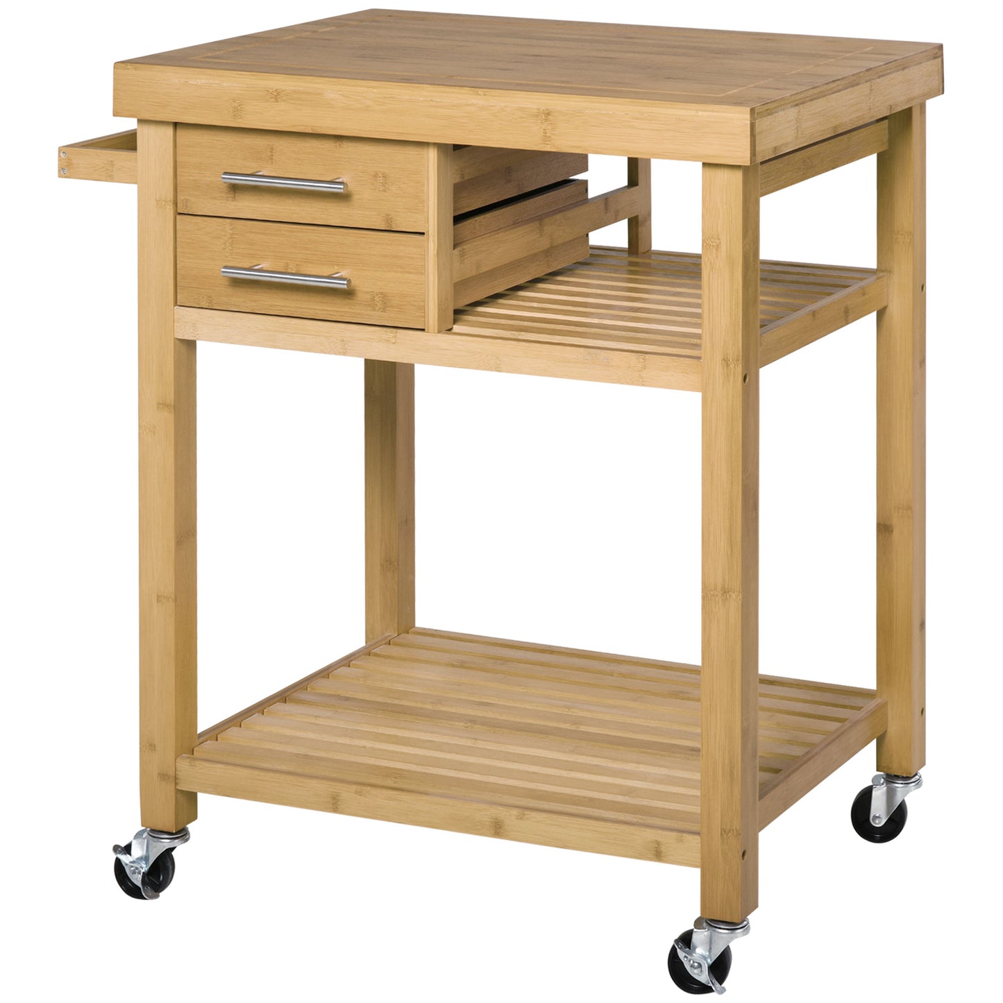Bamboo Rolling Kitchen Island Trolley with Drawers and Shelves