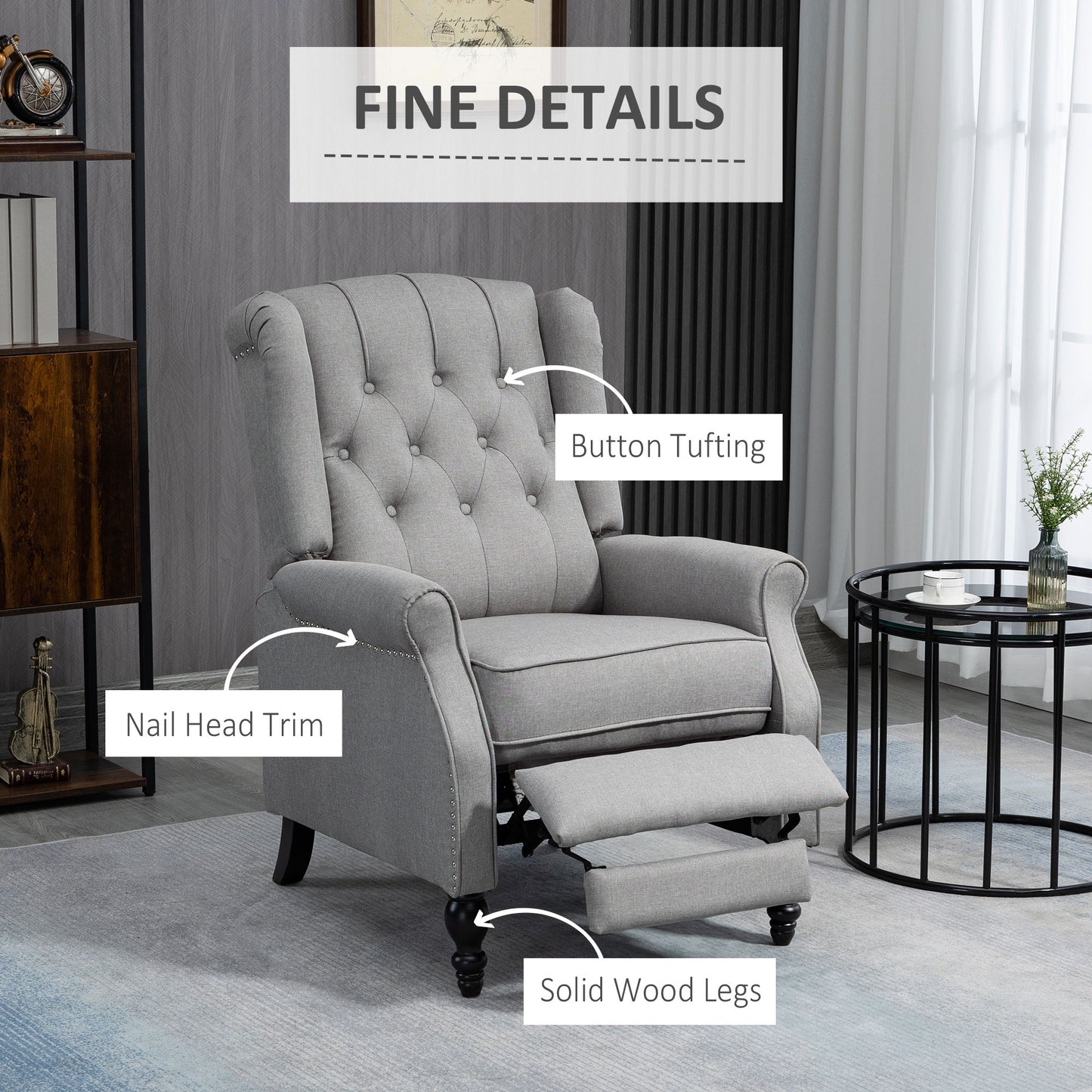Manual Reclining Chair with Button Tufted Backrest, Light Grey