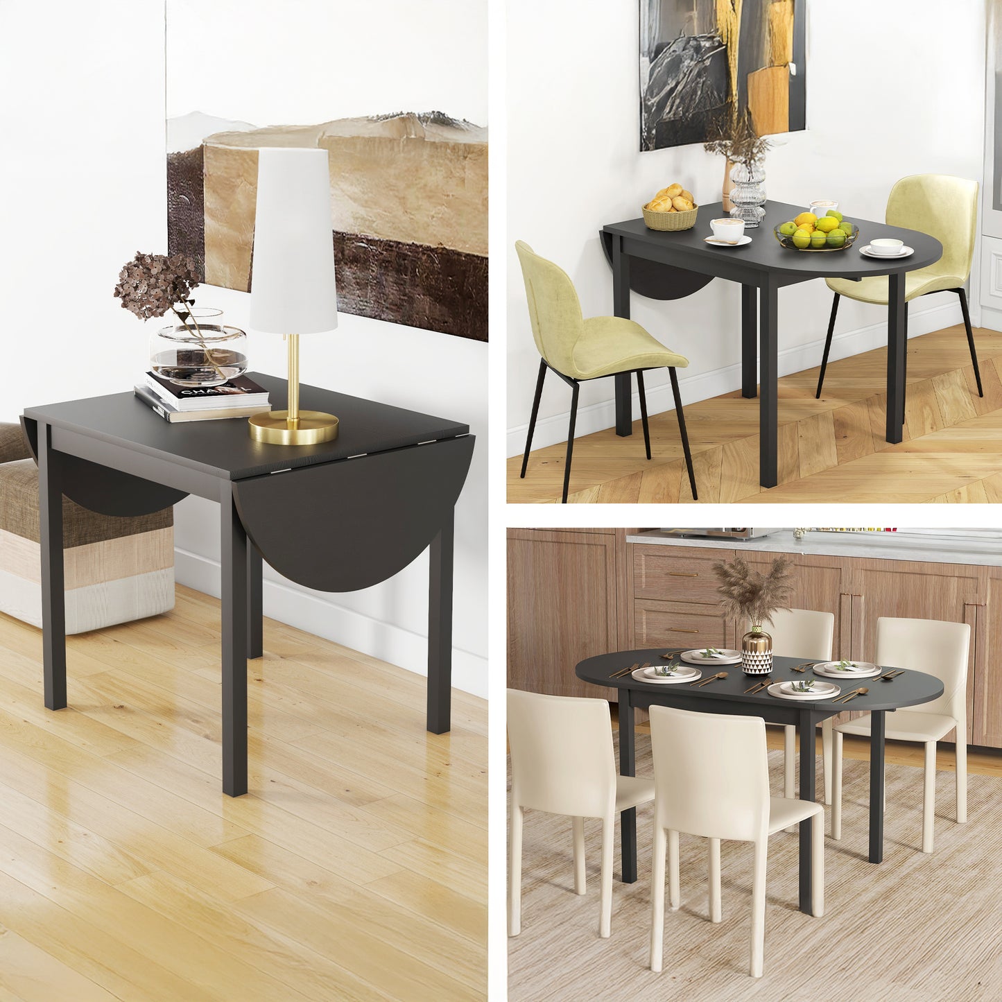 Solid Wood Drop Leaf Dining Table for Small Spaces - Black