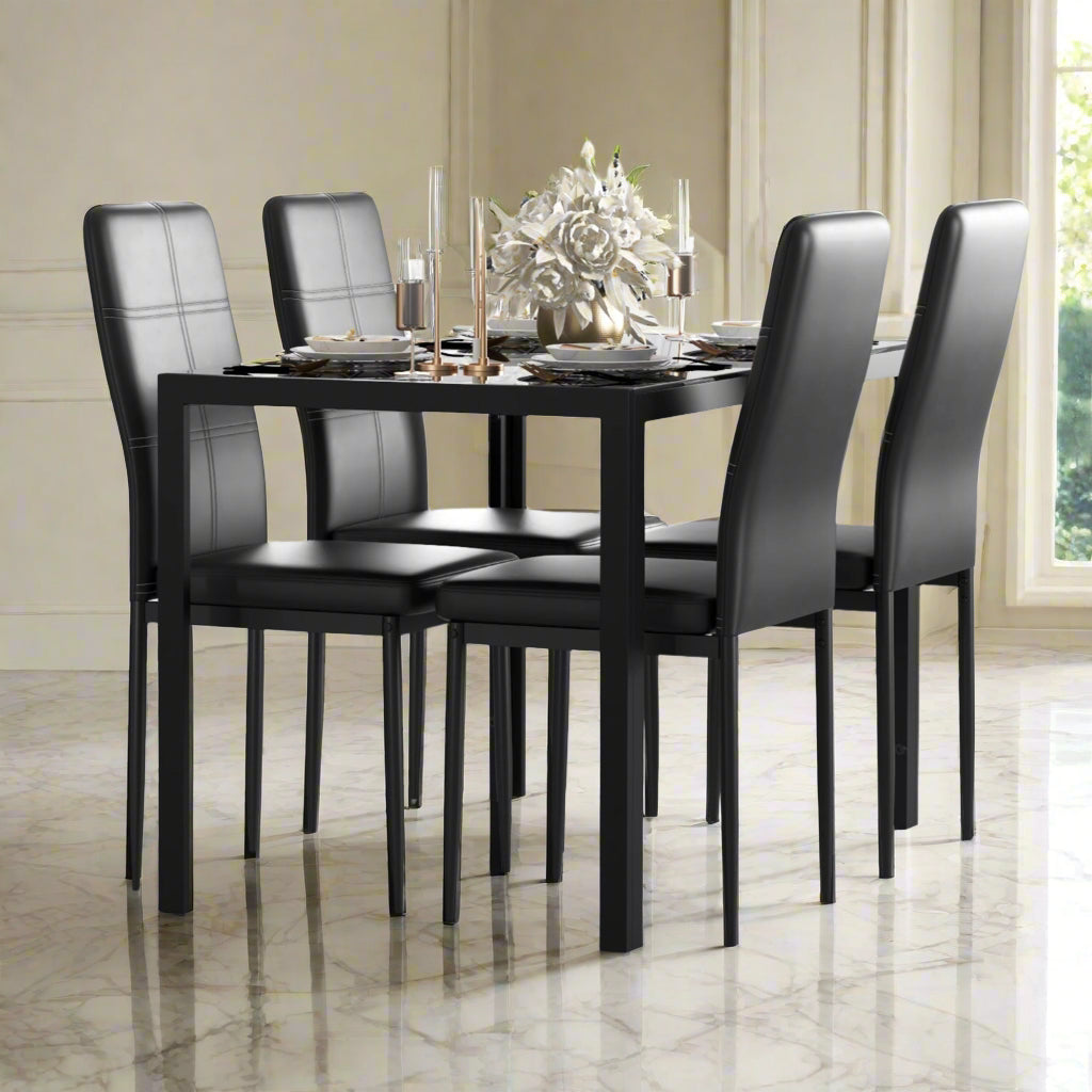 5-Piece Black Glass Dining Table Set with Faux Leather Chairs