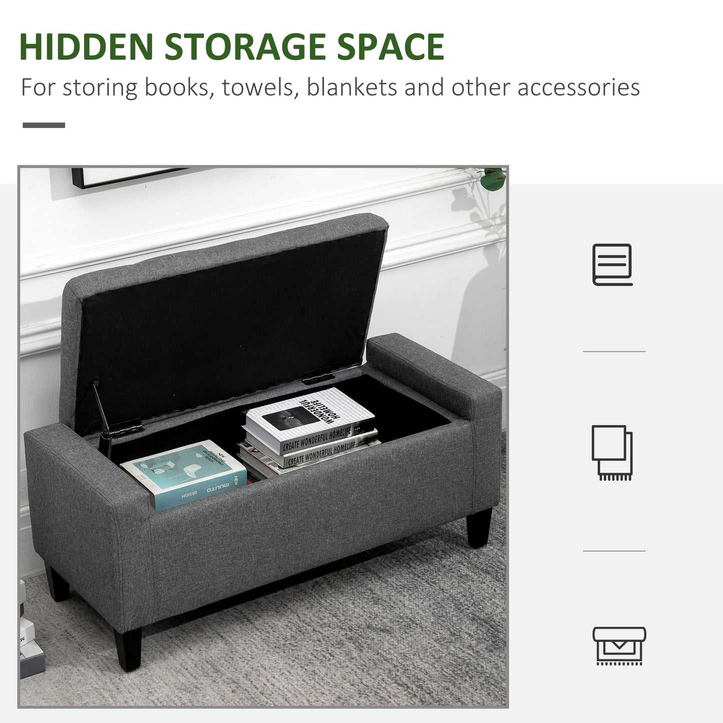 Linen-Touch Storage Ottoman Bench with Tufted Design, Gray