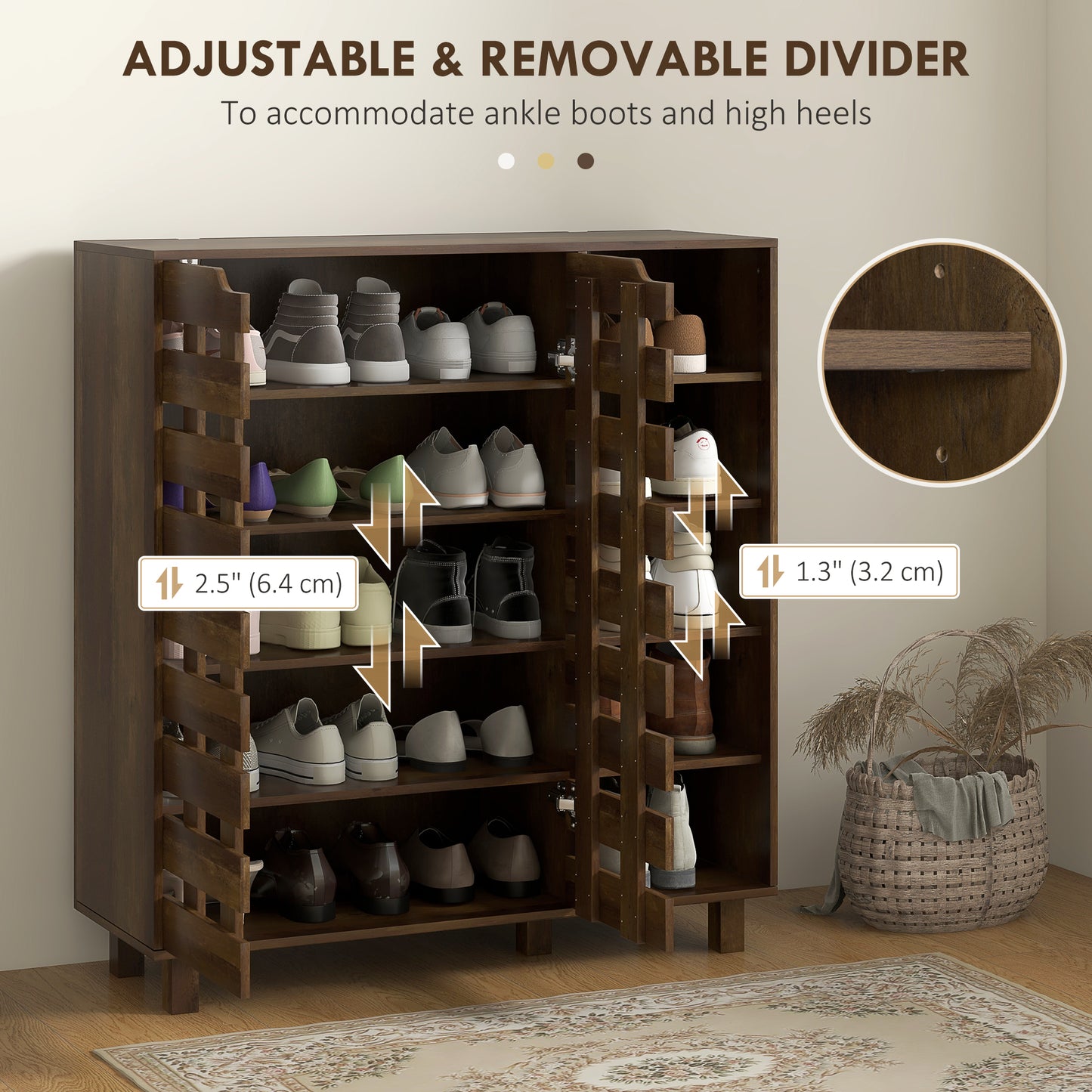 21 Pair Shoe Storage Cabinet with Double Doors and Open Shelves, Brown