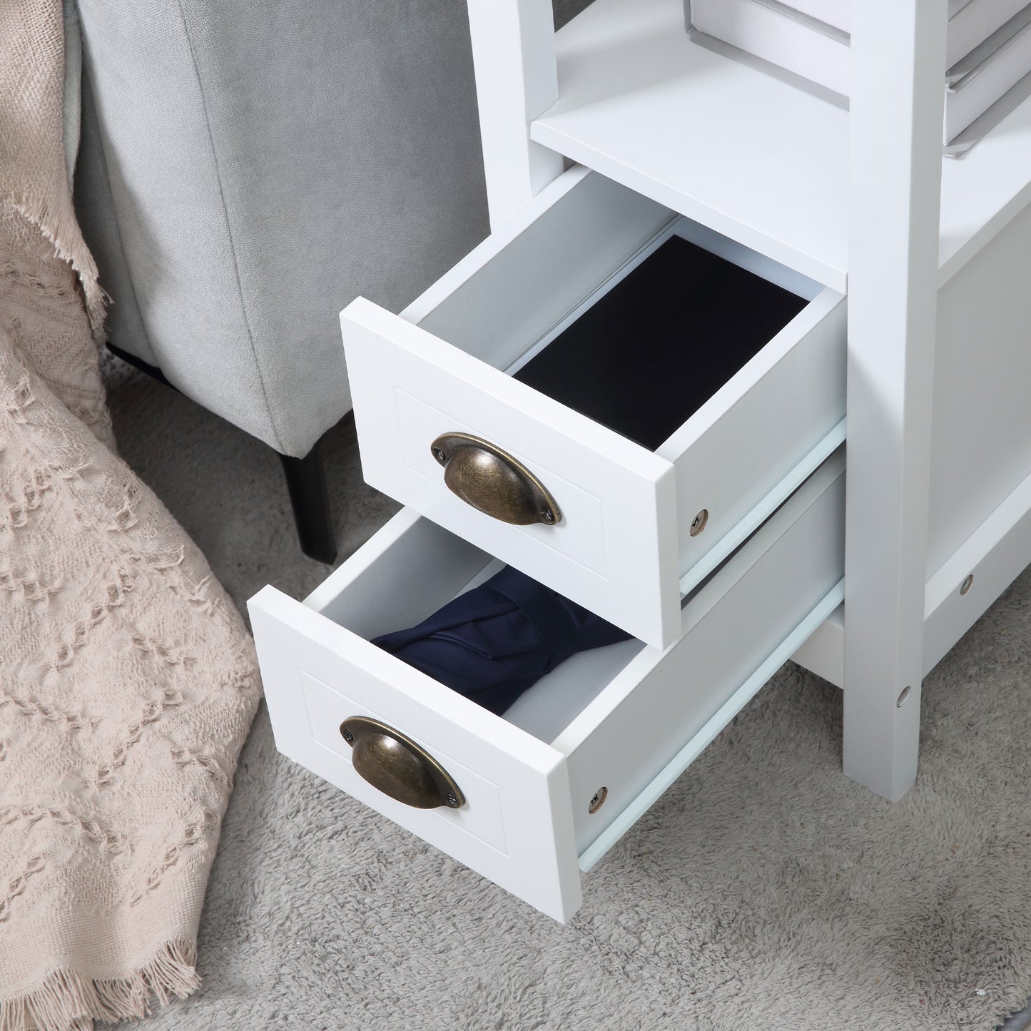 White Slim End Table with Drawers for Compact Spaces