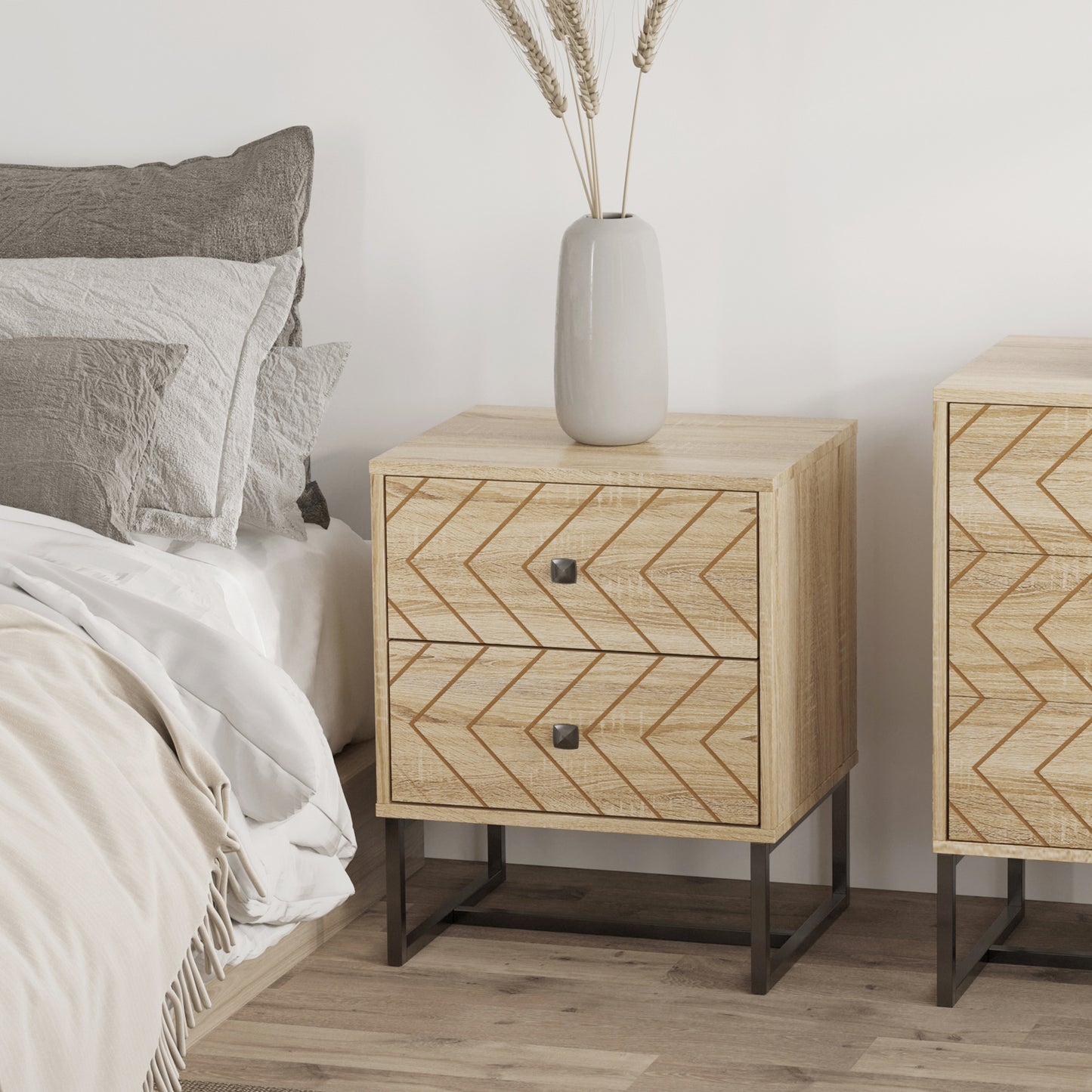 Modern Nightstand with Zig-Zag Design and 2 Drawers, Natural Wood