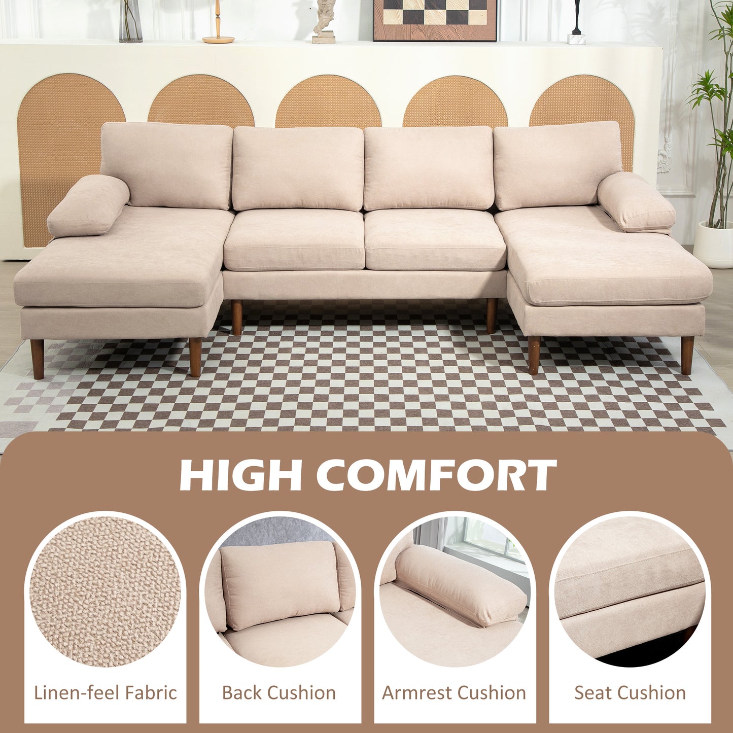 U-Shaped Sectional Sofa with Double Chaise Lounge, Beige