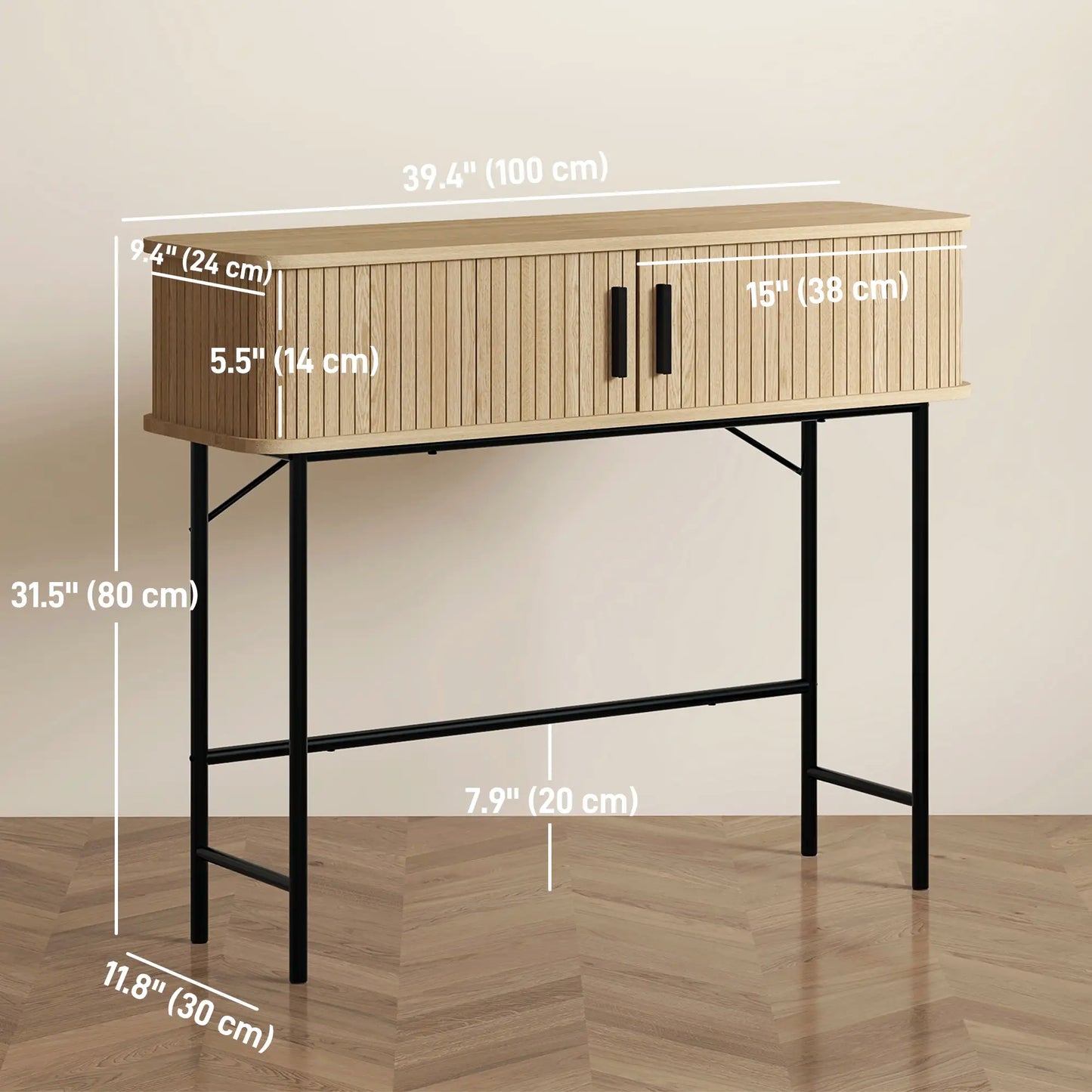 39" Mid-Century Console Table with Sliding Tambour Doors, Oak and Black