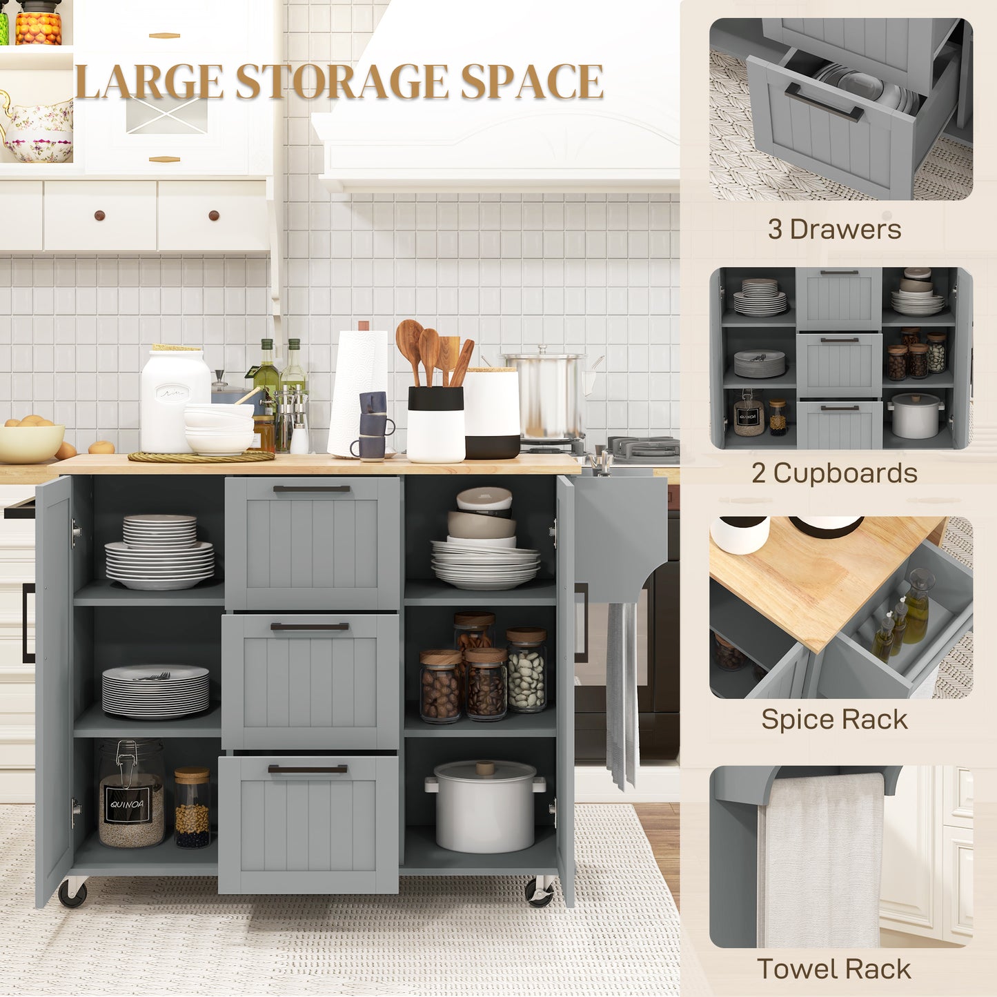 Rolling Kitchen Cart with Drop Leaf, 3 Drawers and Solid Wood Top, Grey