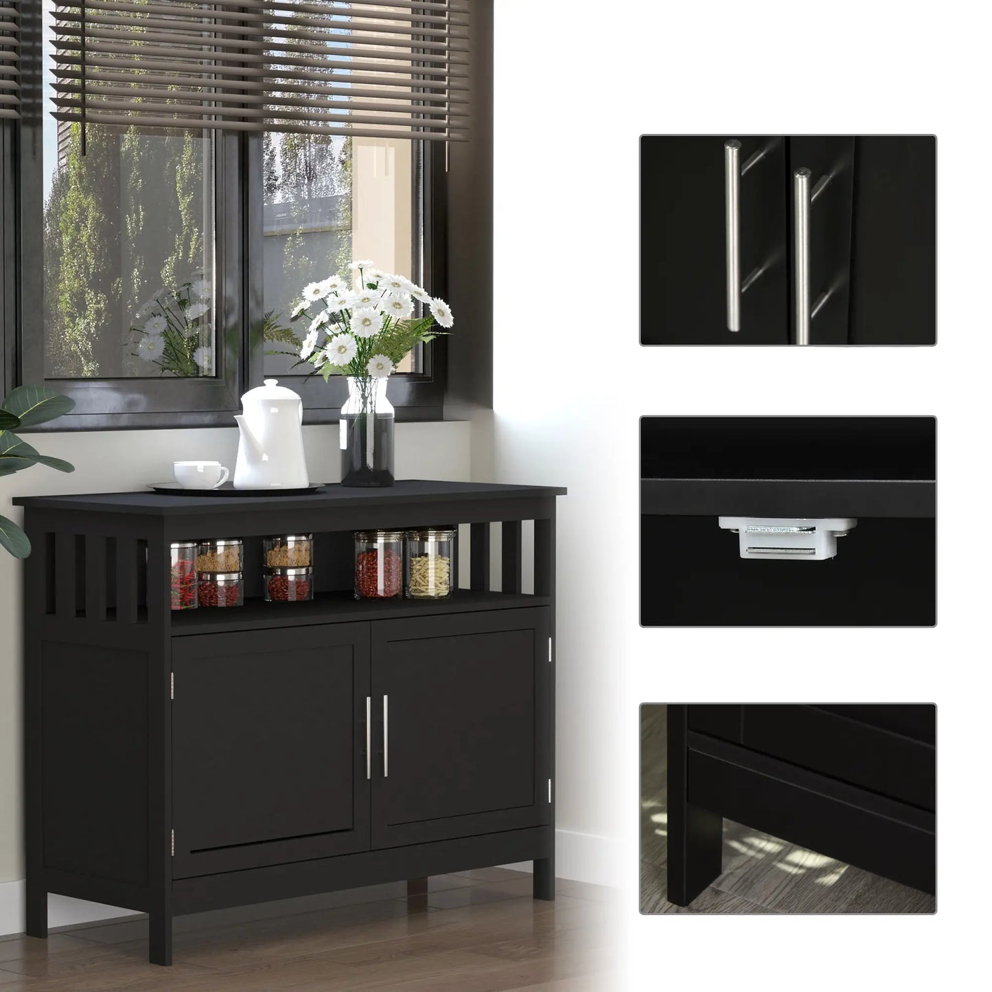 39" Wooden Console Table with Cabinet and Open Shelf, Black