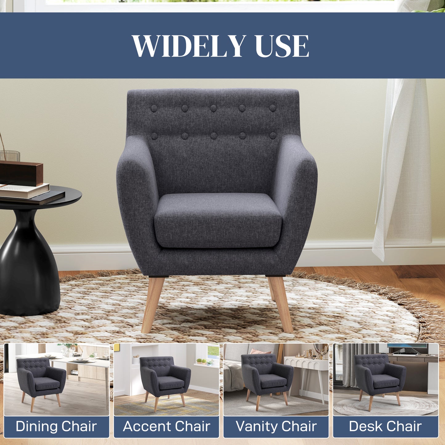 Linen Upholstery Armchair, Mid-Century Modern Accent Chair with Wood Frame, Dark Gray