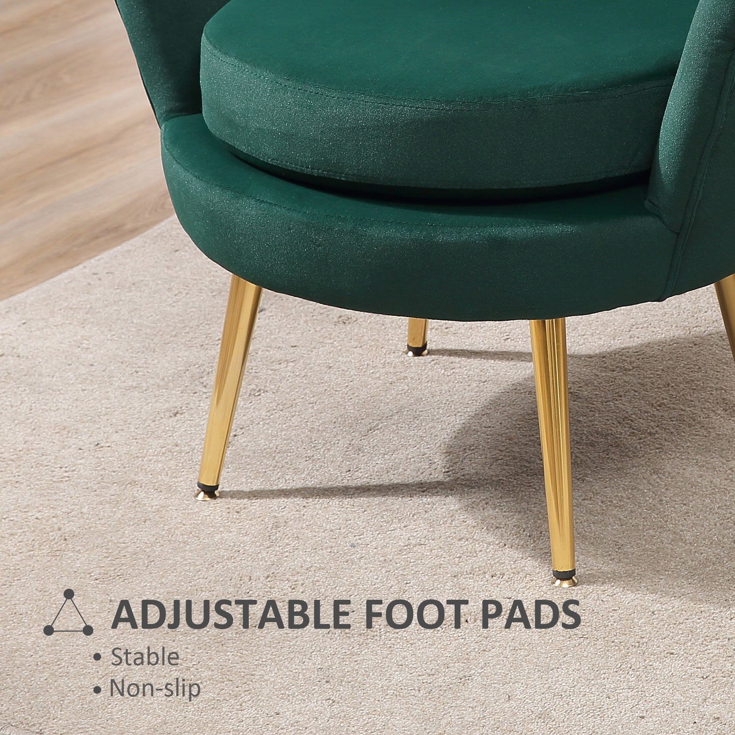 Modern Velvet Accent Chair with Lotus Backrest and Gold Legs, Dark Green