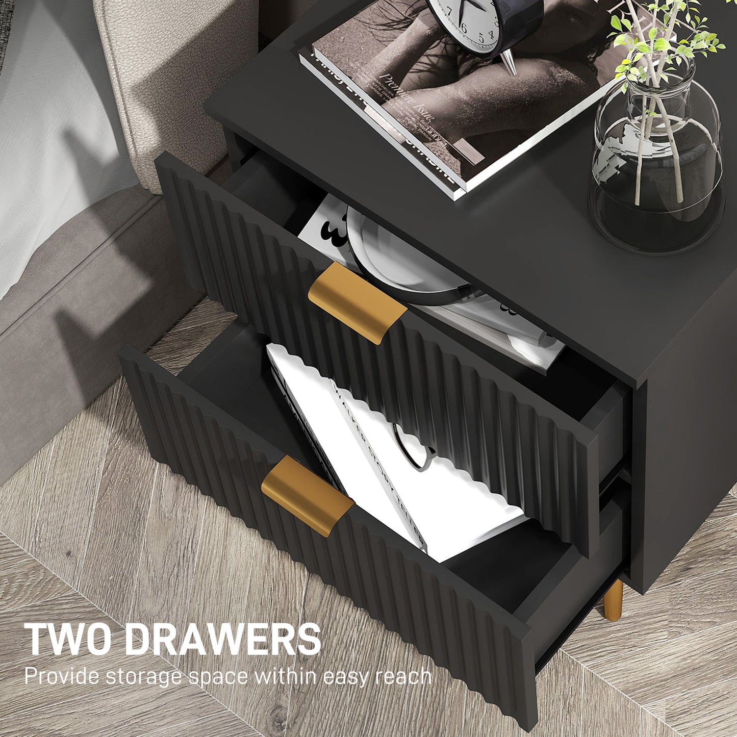 Modern Nightstand with Gold Finger Pulls and Fluted Drawers, Black