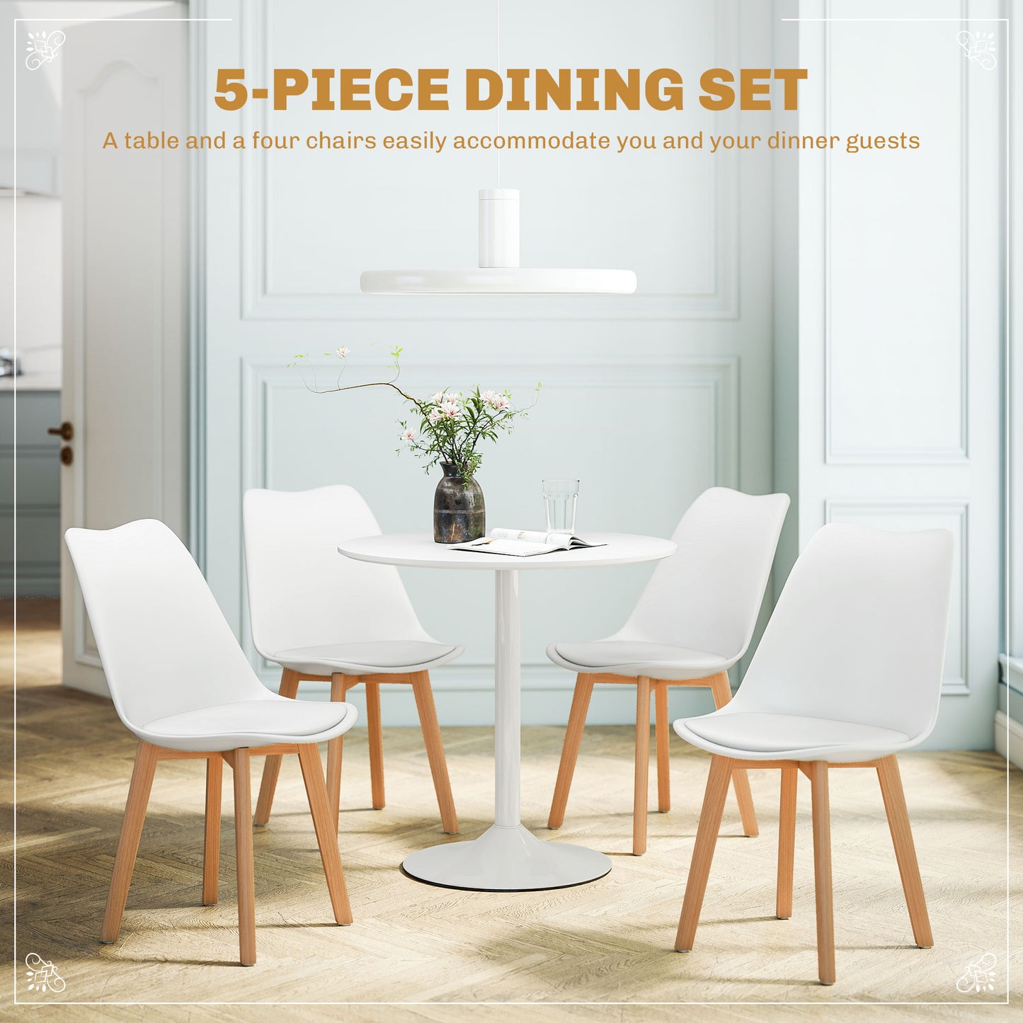 Round Dining Table Set with 4 Padded Chairs and Pedestal Base, White