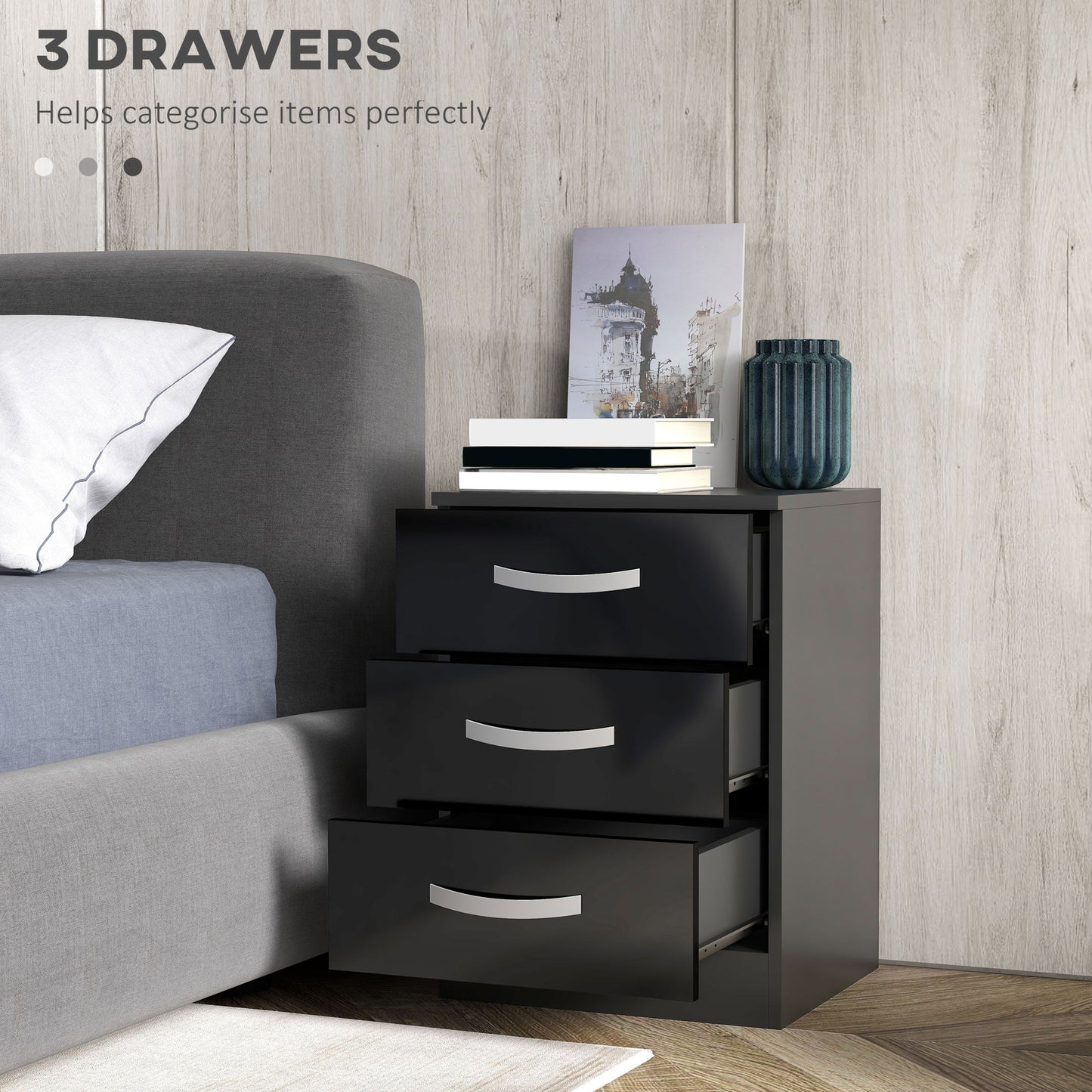 High Gloss 3-Drawer Nightstands, Black (Set of 2)