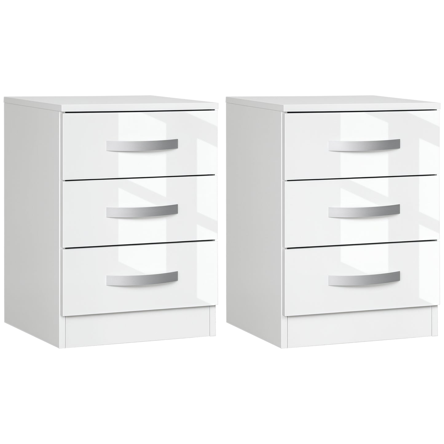 Modern High Gloss Nightstands with 3 Drawers, White (Set of 2)