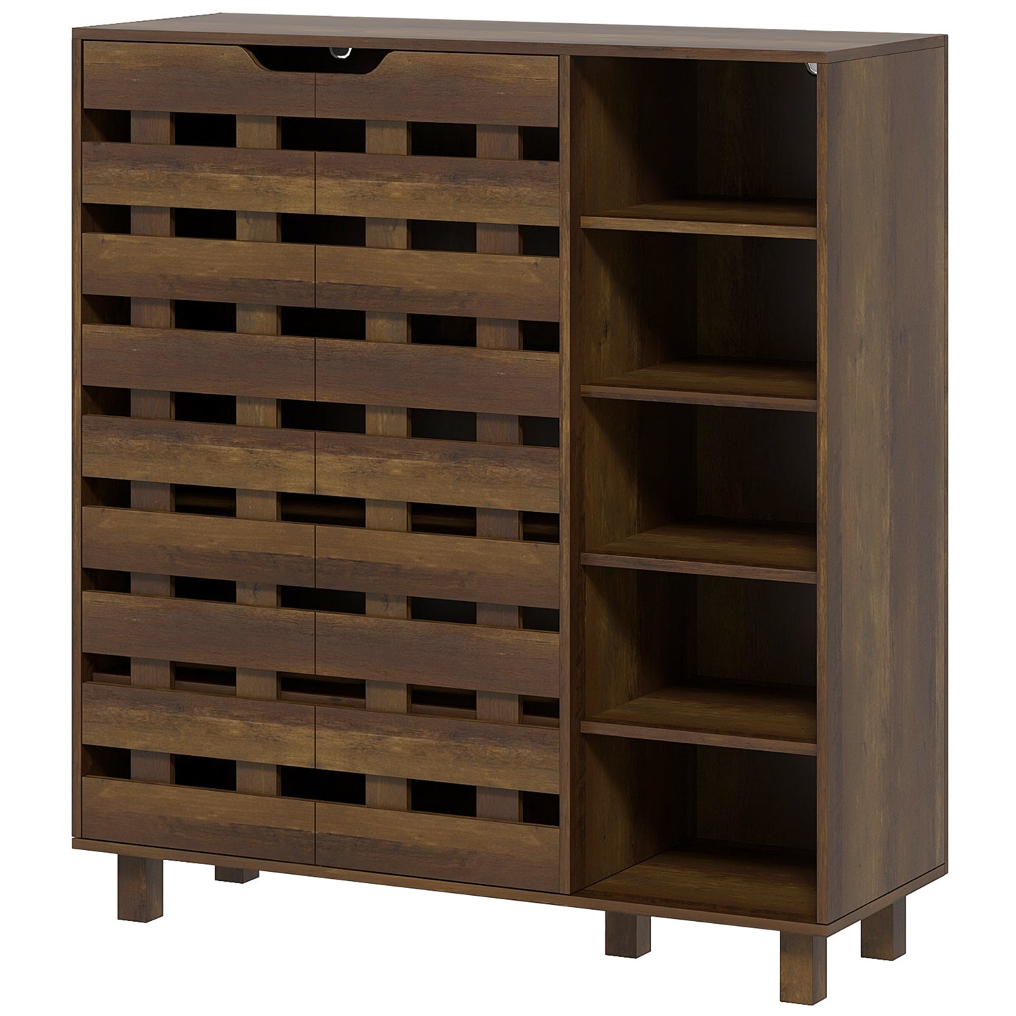 21 Pair Shoe Storage Cabinet with Double Doors and Open Shelves, Brown