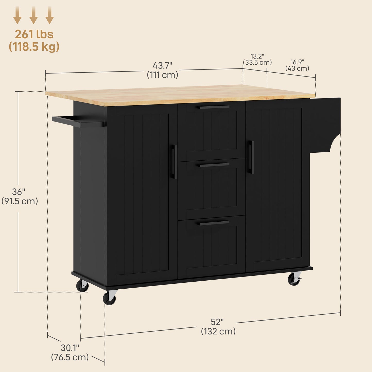 Rolling Kitchen Cart with Drop Leaf, 3 Drawers and Solid Wood Top, Black