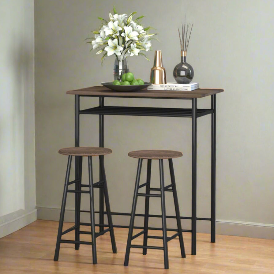 3-Piece Bar Height Dining Set with Storage Shelf - Black