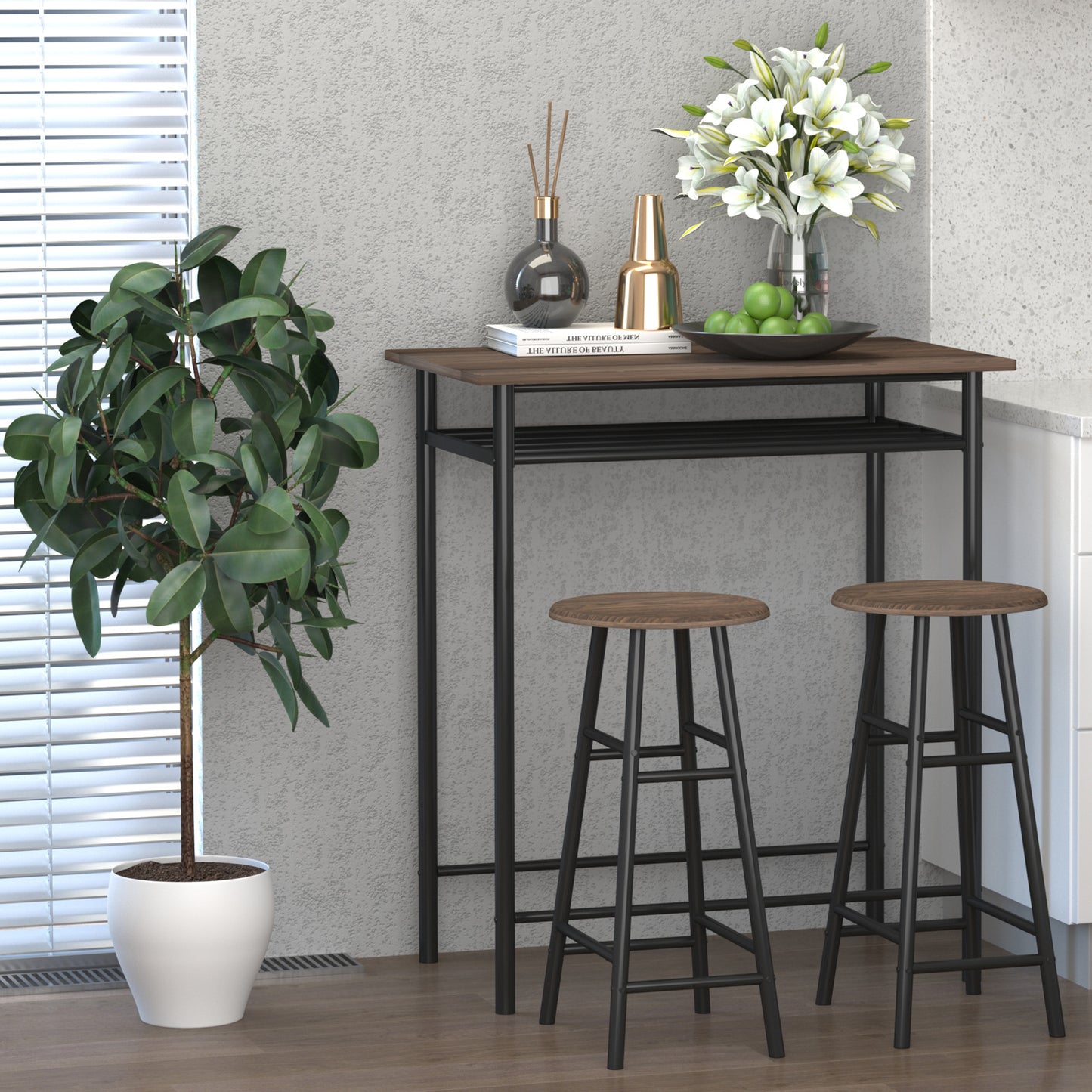 3-Piece Bar Height Dining Set with Storage Shelf - Black