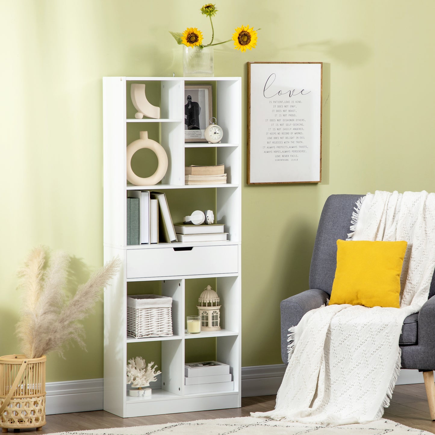 Tall Bookshelf with Drawer and Wide Worktop, White