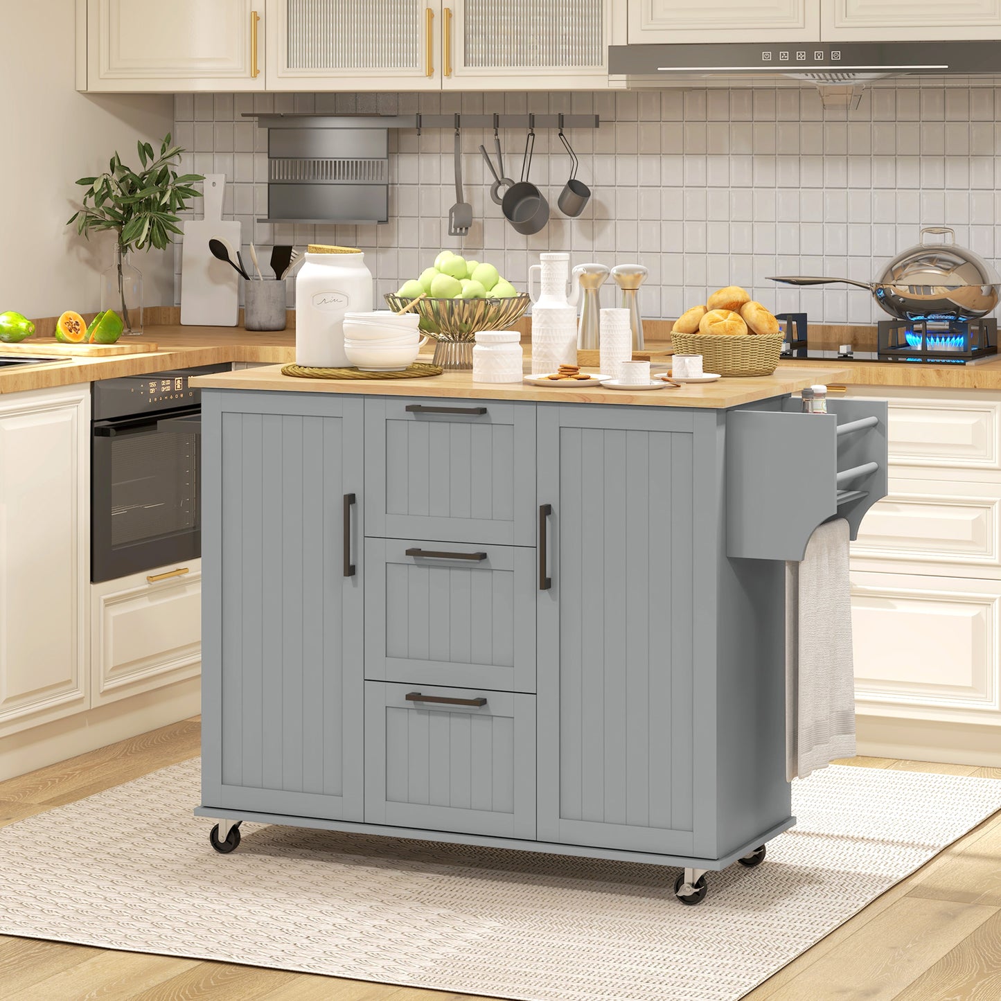 Rolling Kitchen Cart with Drop Leaf, 3 Drawers and Solid Wood Top, Grey