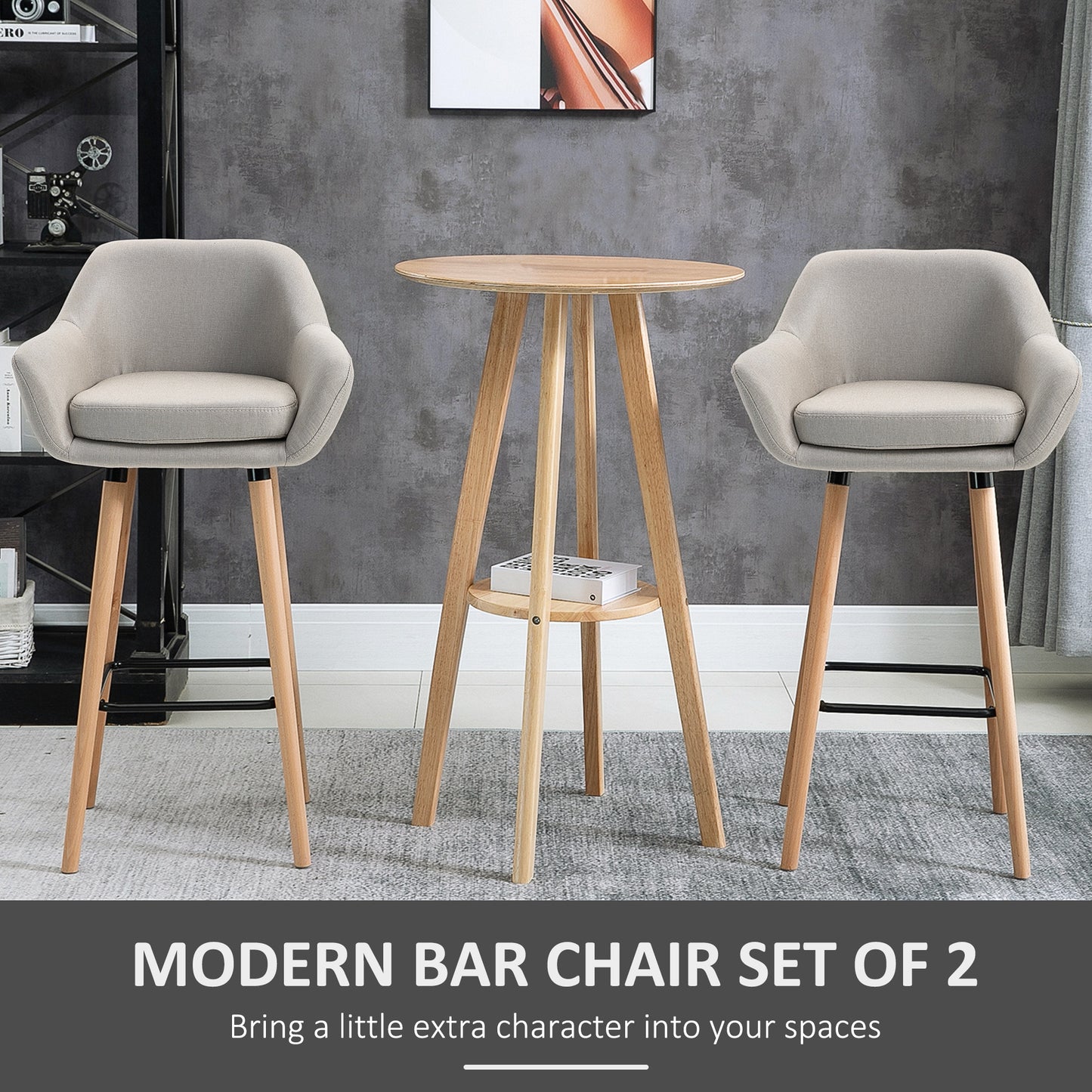 Bar Stools with Linen Fabric and Beech Wood Legs, Beige (Set of 2)