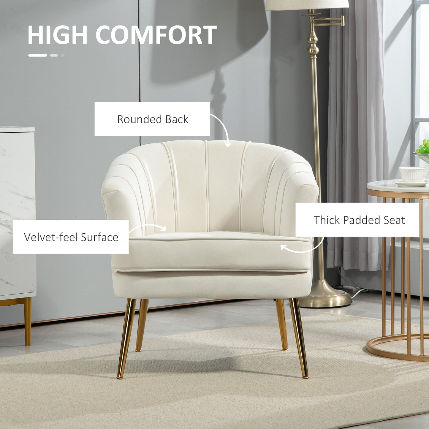 Channel-Tufted Tub Armchair with Upholstery and Gold Legs, Cream