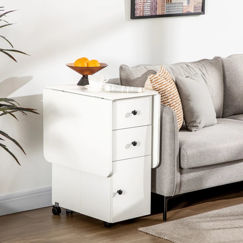 Rolling Dining Table with Storage Drawers and Cabinet - White