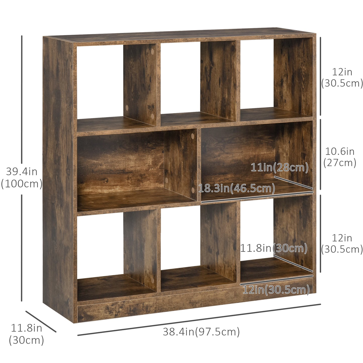 3-Tier Storage Bookcase with Staggered Dividers, Rustic Brown
