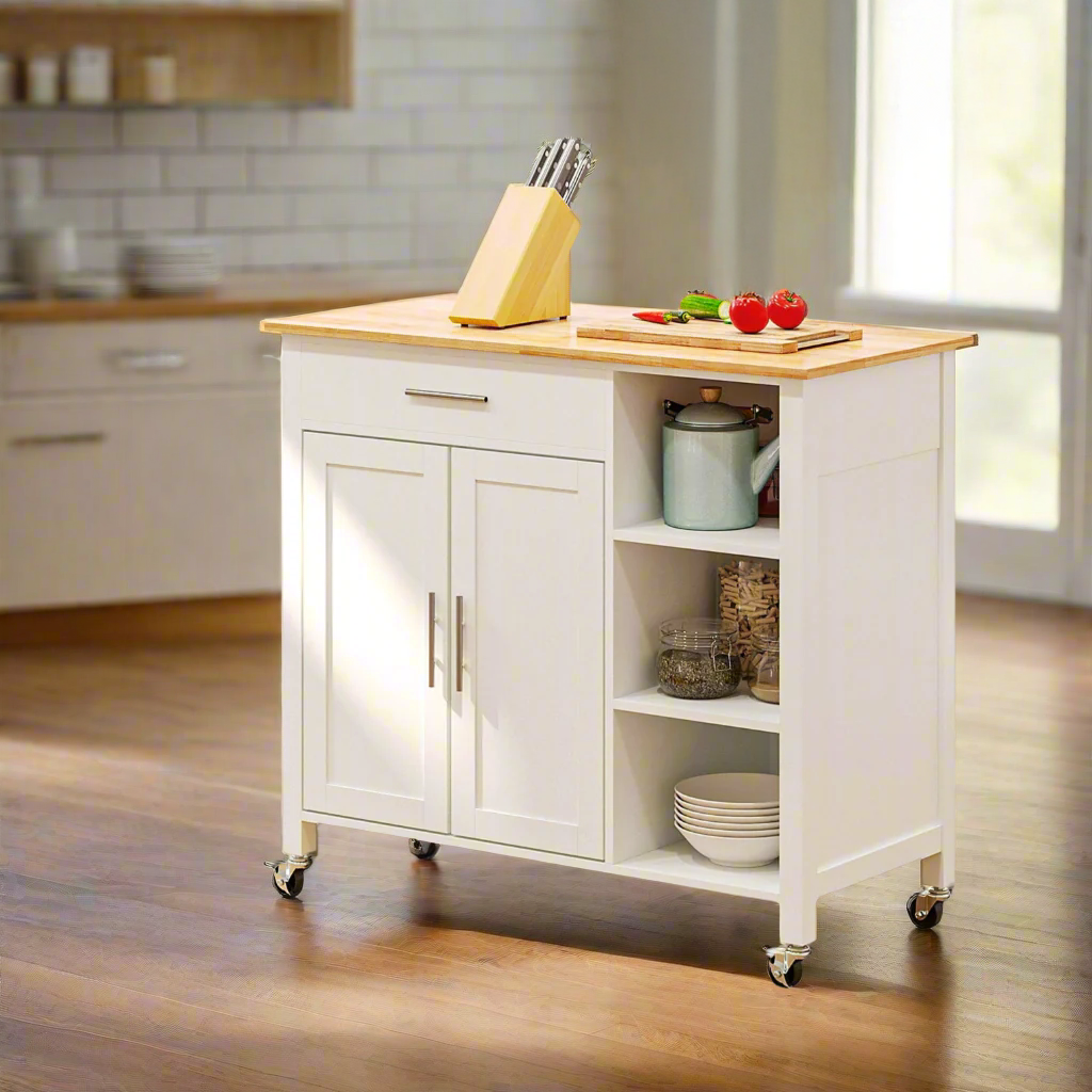 Wooden Rolling Kitchen Island with 360° Swivel Wheels, Drawer and Towel Rack, White