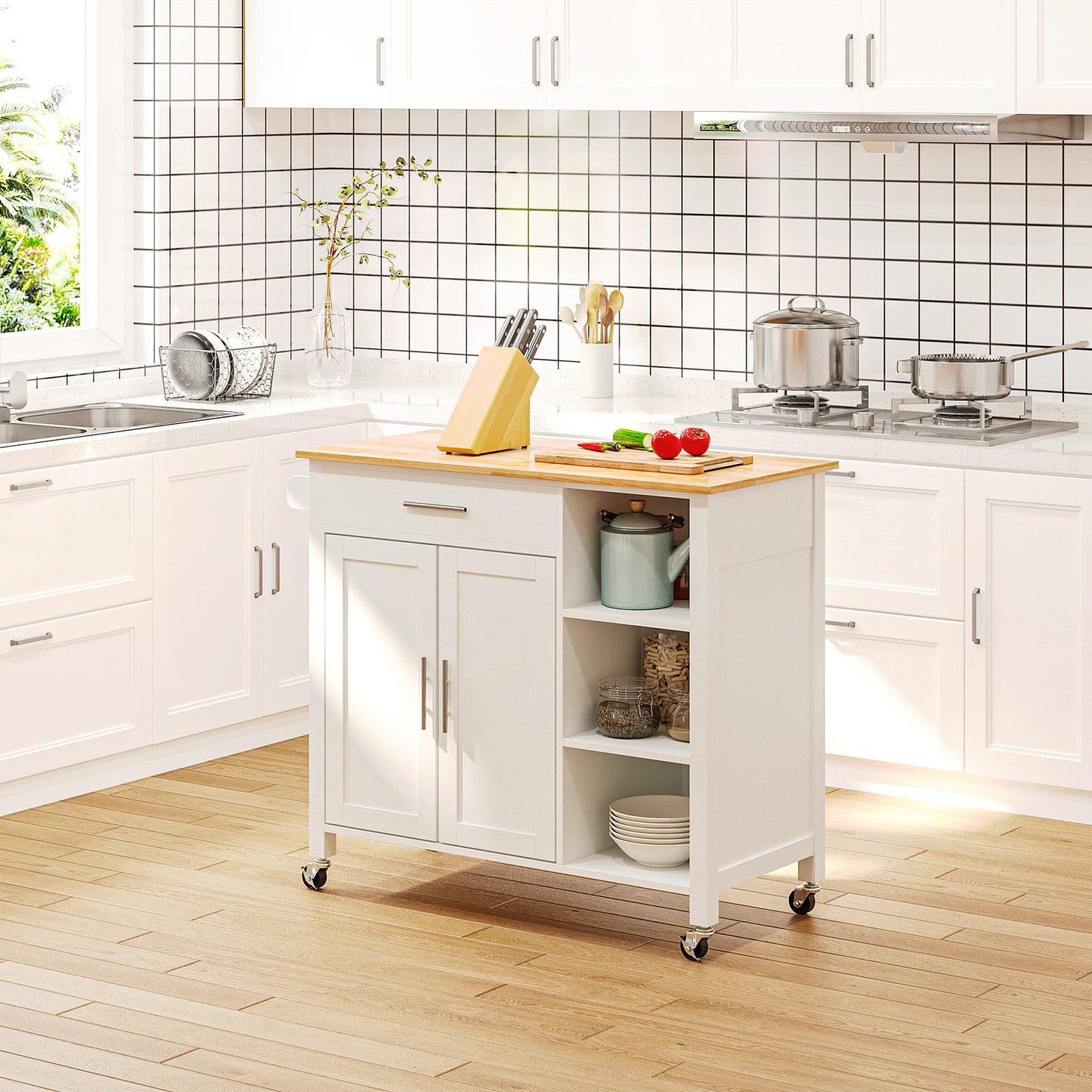 Wooden Rolling Kitchen Island with 360° Swivel Wheels, Drawer and Towel Rack, White