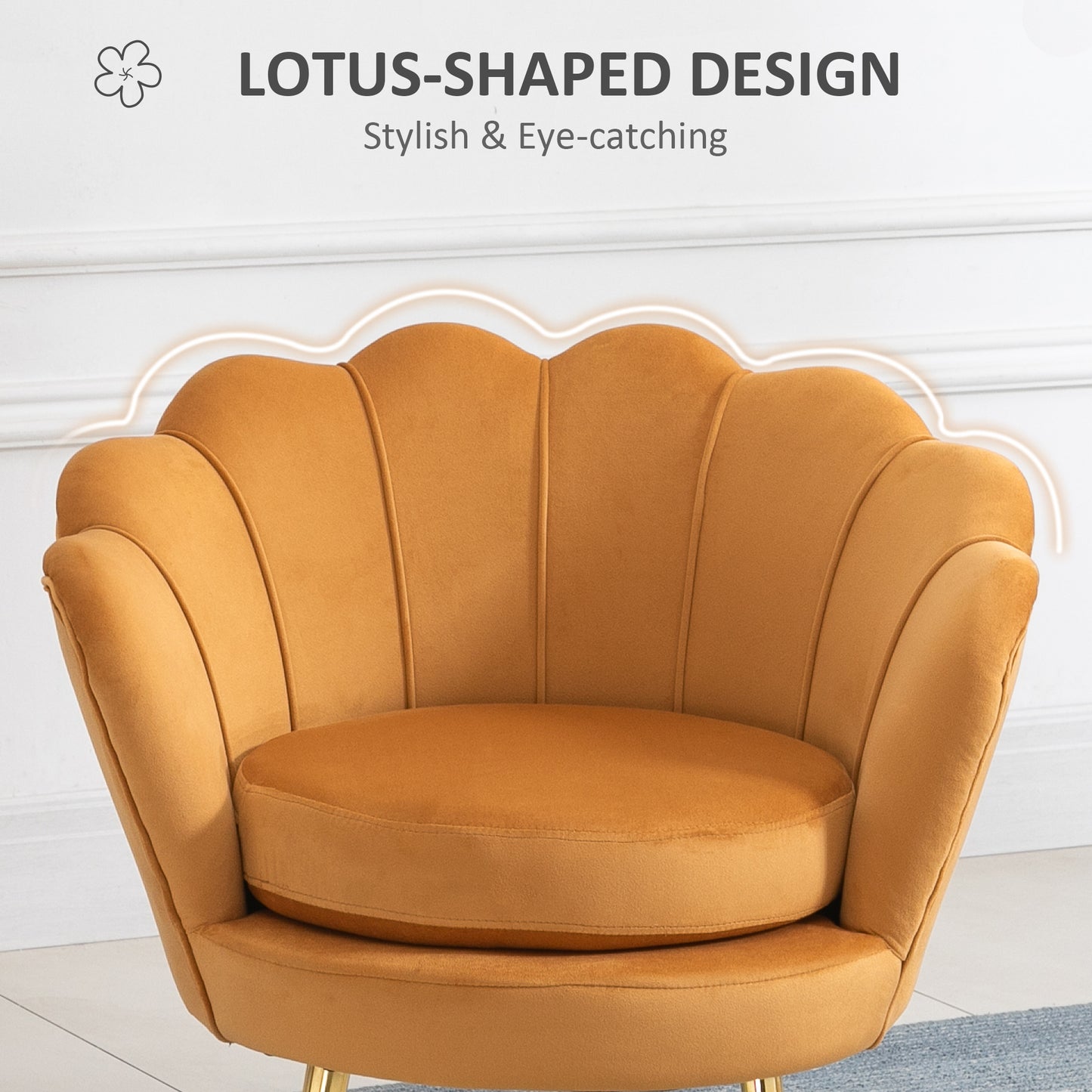 Modern Velvet Accent Chair with Lotus Backrest and Gold Legs, Yellow