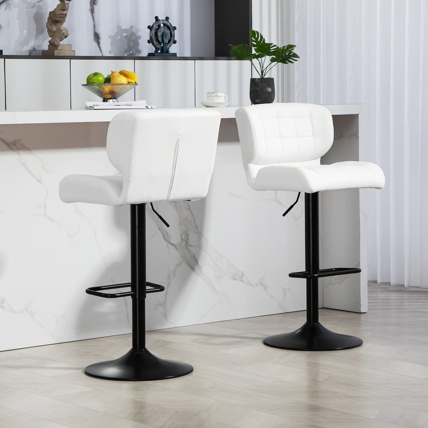 Adjustable Height Swivel Bar Stools with Tufted PU Leather, White (Set of 2)