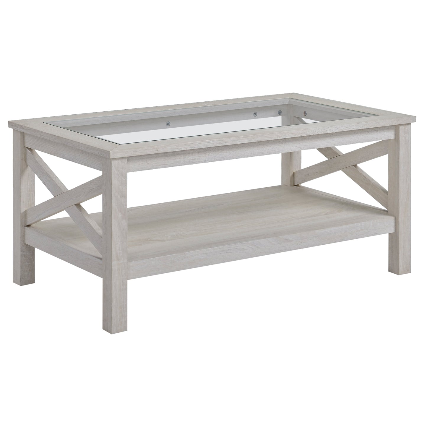Farmhouse Glass Top Coffee Table with X-Frame Design - White Oak