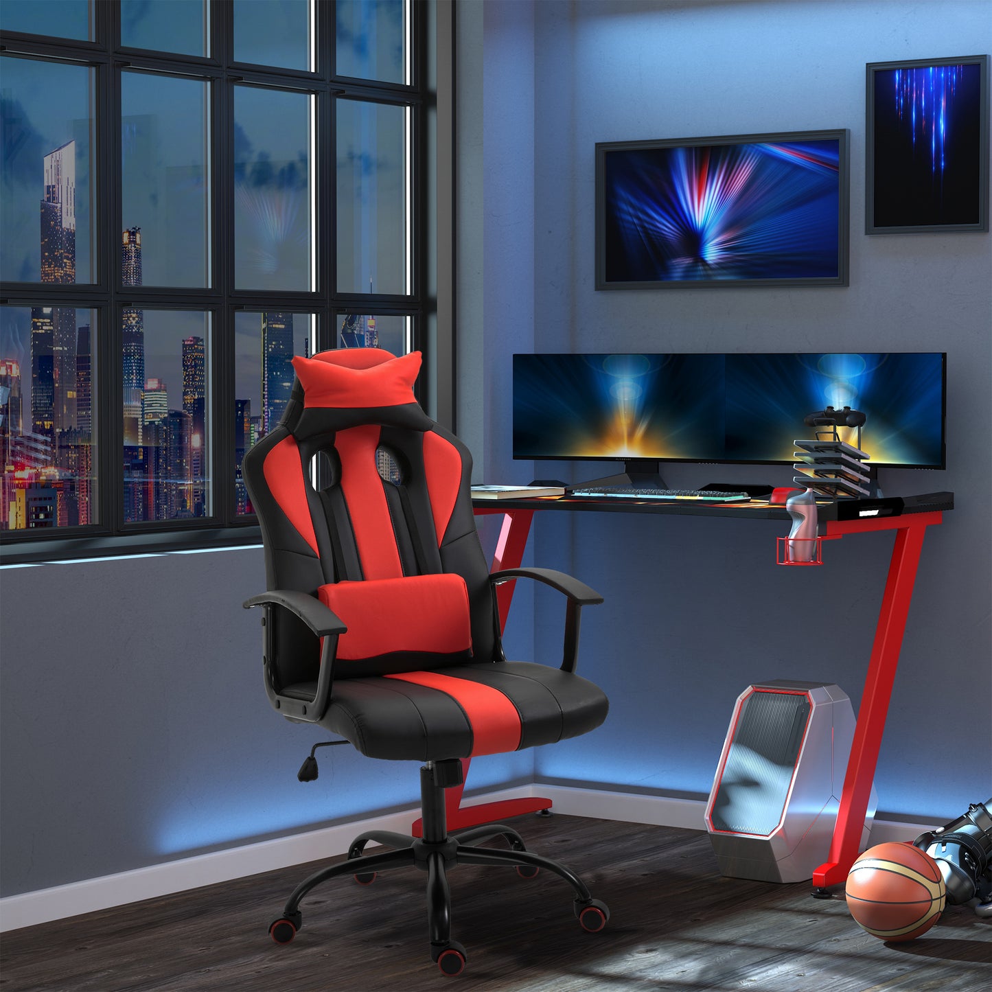 High-Back Racing Style Gaming Chair with Lumbar Support, Red and Black
