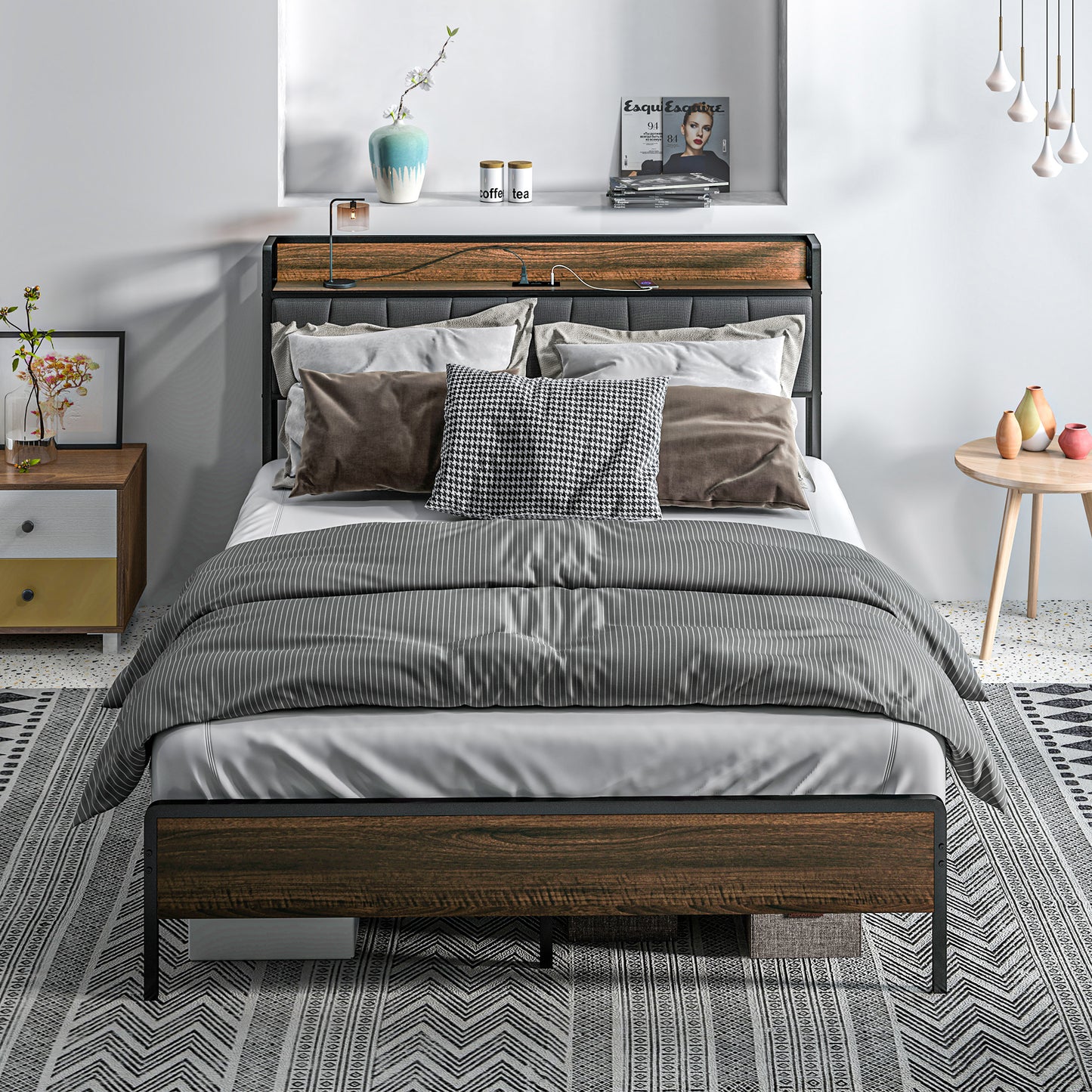 Full Size Bed Frame with Upholstered Headboard and Charging Station