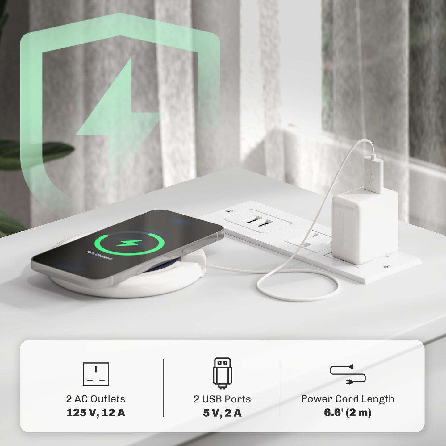 Narrow Side Table with Built-in Charging Station and USB Ports, White
