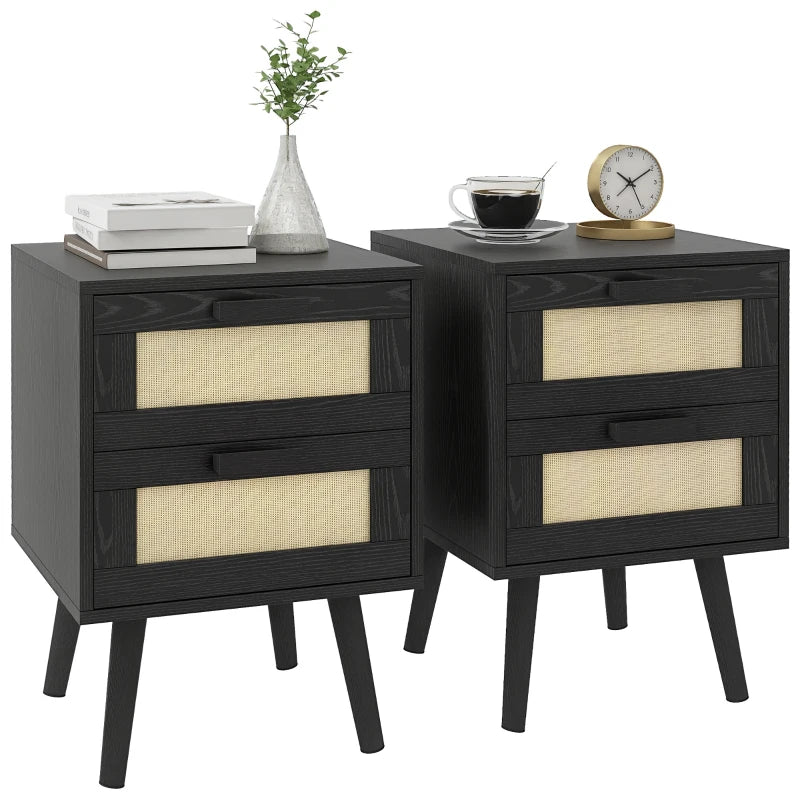 Boho Nightstands with Woven Rattan Drawers, Black (Set of 2)
