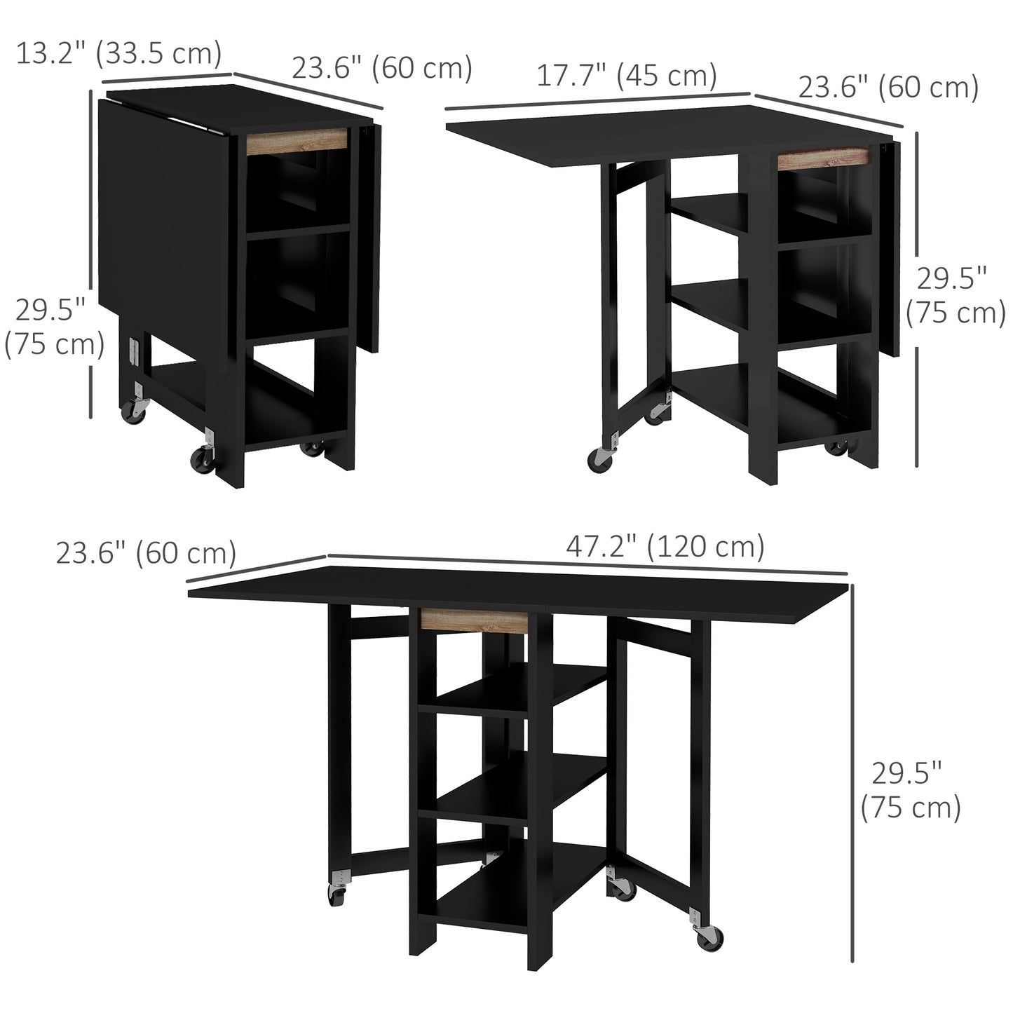 Folding Dining Table with Built-In Storage Shelves - Black