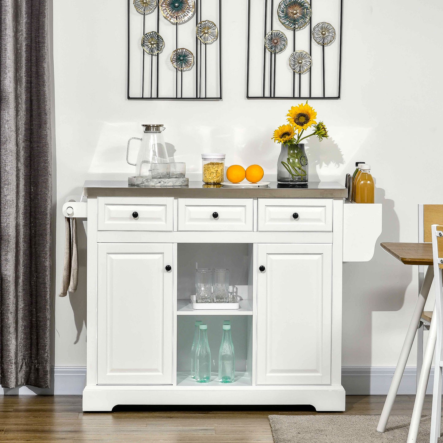 Kitchen Island Cart with Stainless Steel Top, Spice Rack and Storage Drawers, White