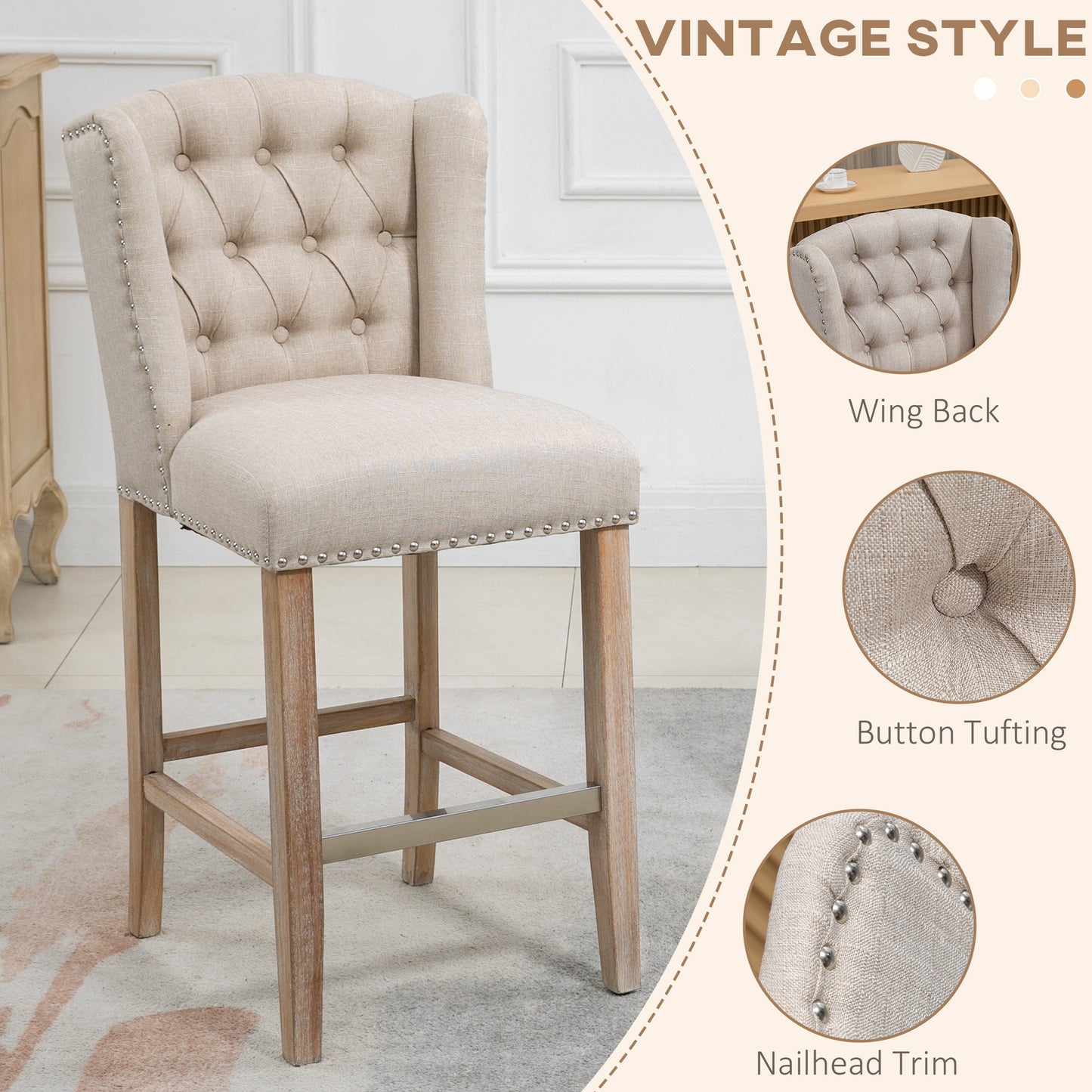Upholstered Bar Stools with Tufted Nailhead Trim and Wood Legs, Beige (Set of 2)